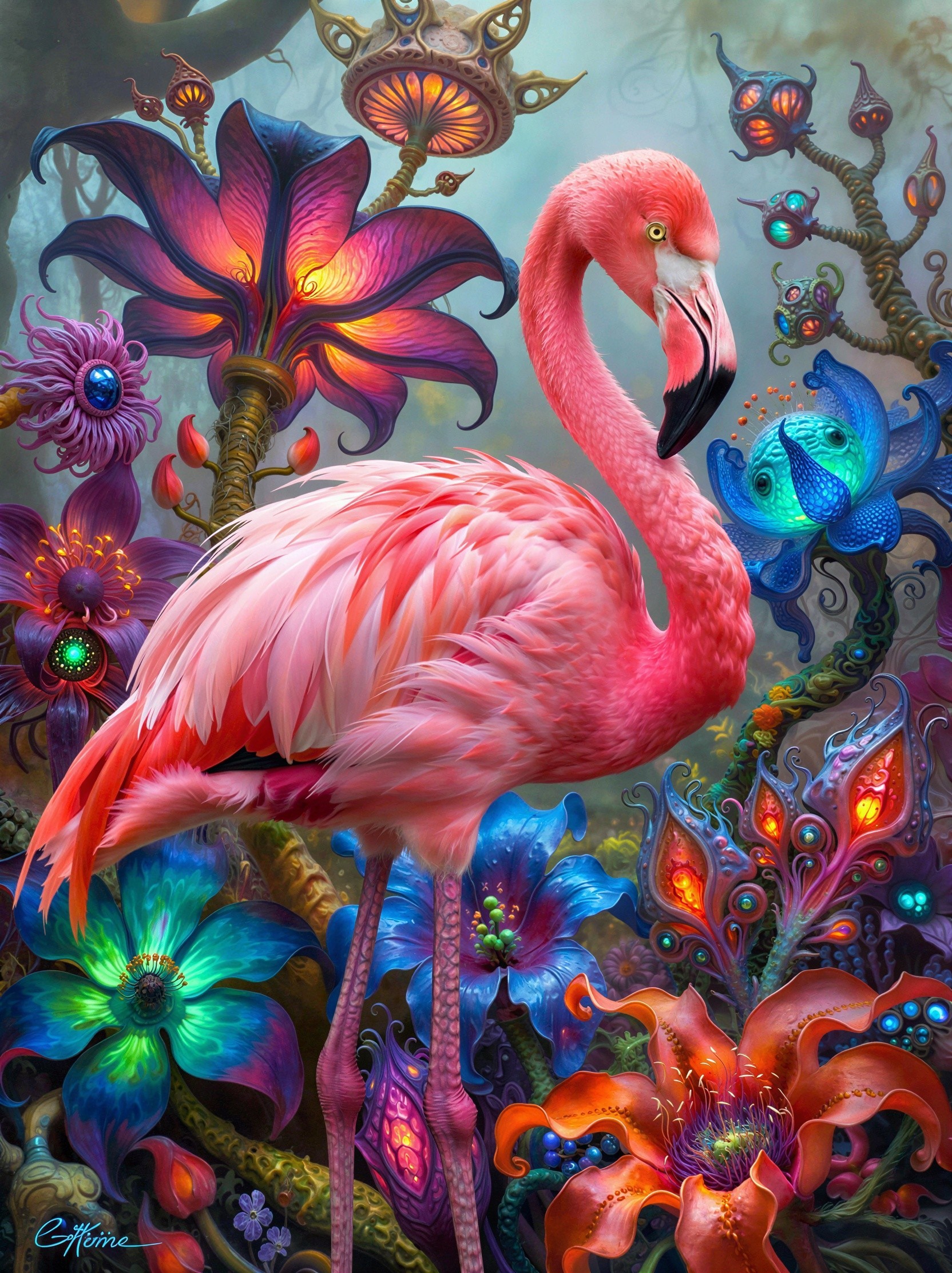 Vibrant Flamingo in a Bioluminescent Garden