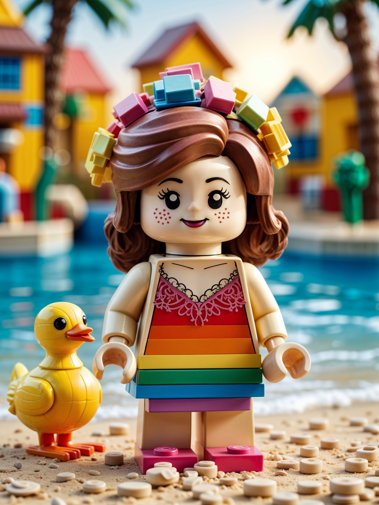 Cheerful LEGO Figure by Vibrant Pool with Duck