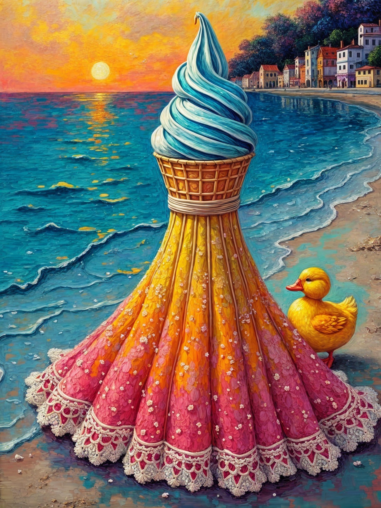 Whimsical Ice Cream Cone Dress at Sunset Beach Scene