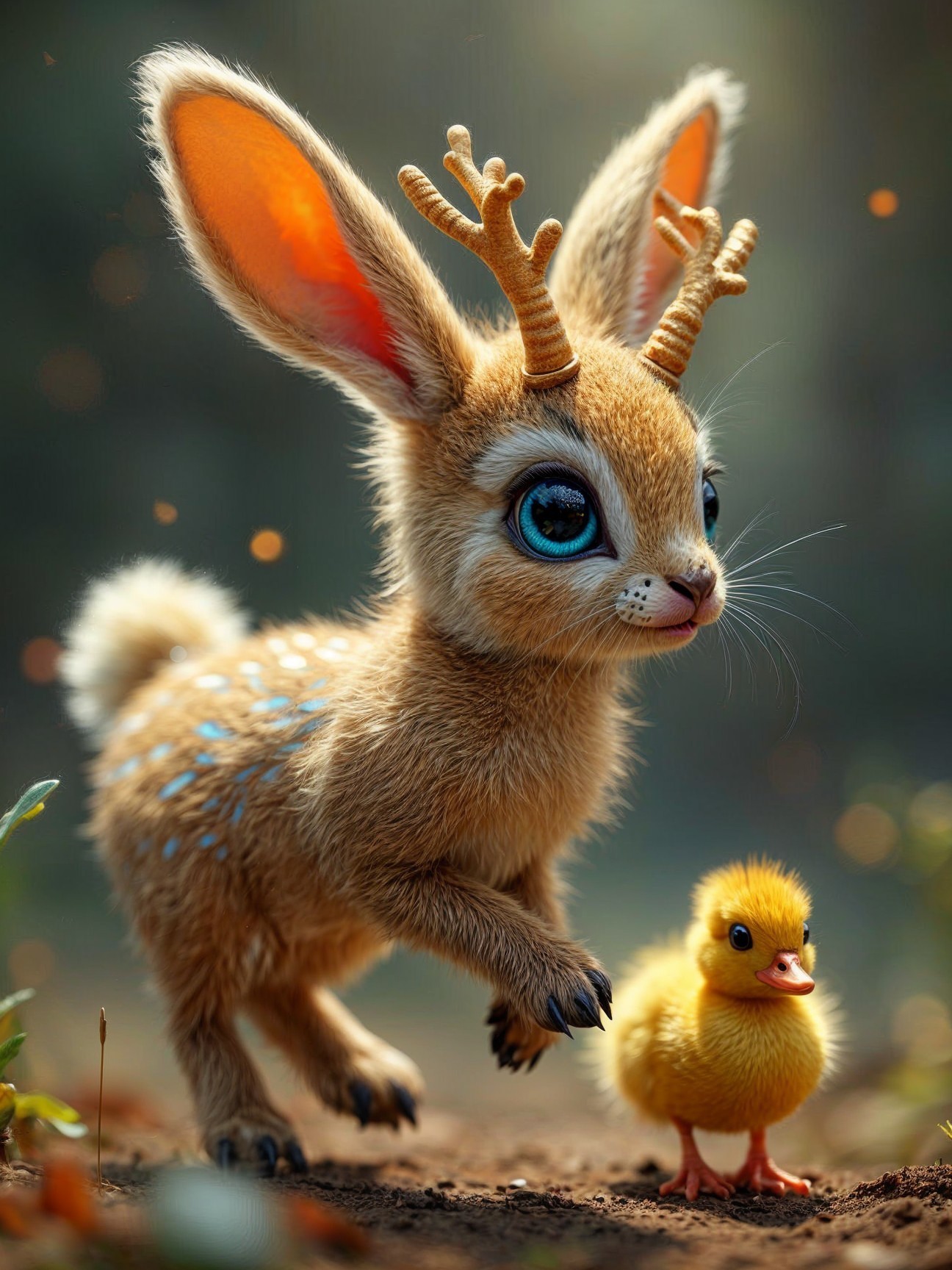 Whimsical Scene with Fluffy Creature and Chick