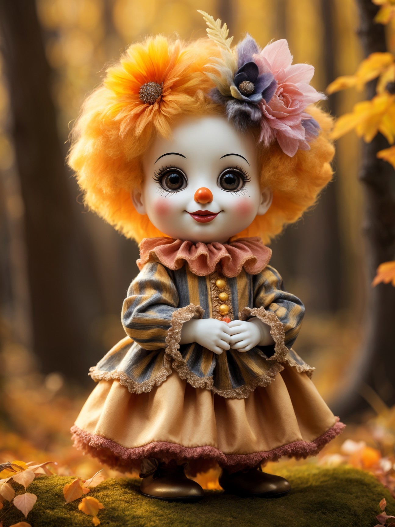 Charming Clown Doll in Autumn Forest Setting