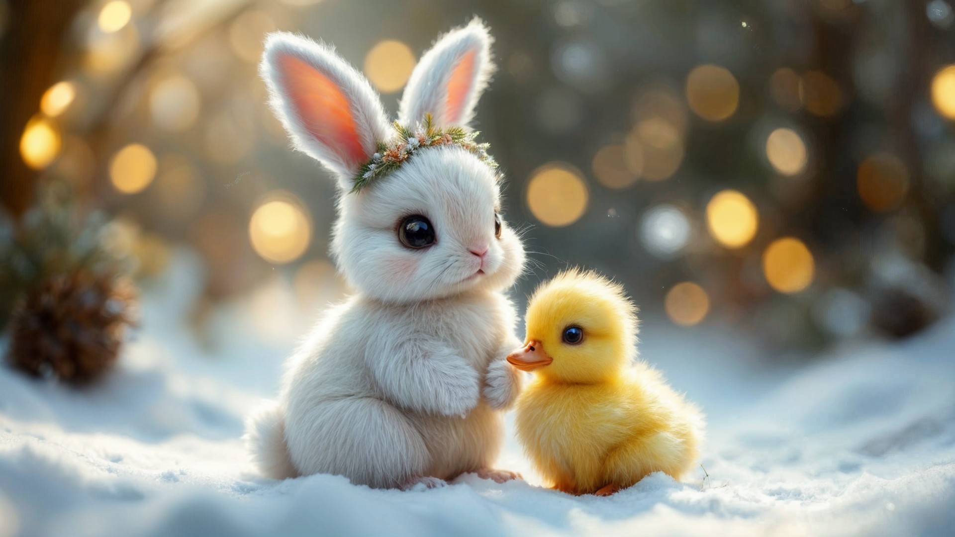 White Bunny and Duckling in Magical Winter Scene
