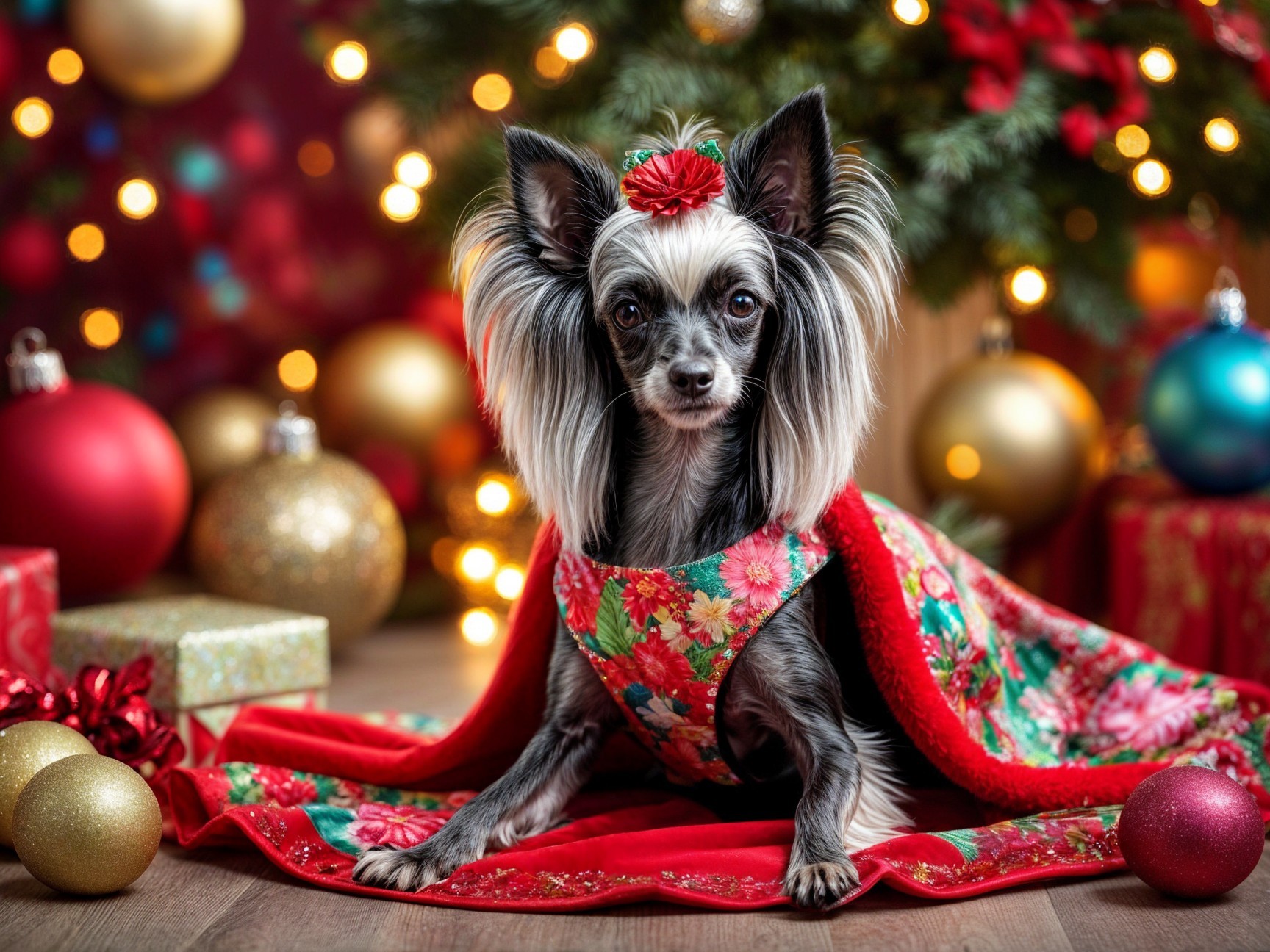 Stylish Dog on Festive Red Blanket with Ornaments