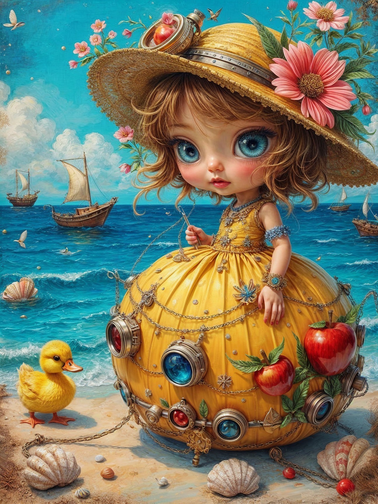 Whimsical Beach Scene with Girl and Duckling
