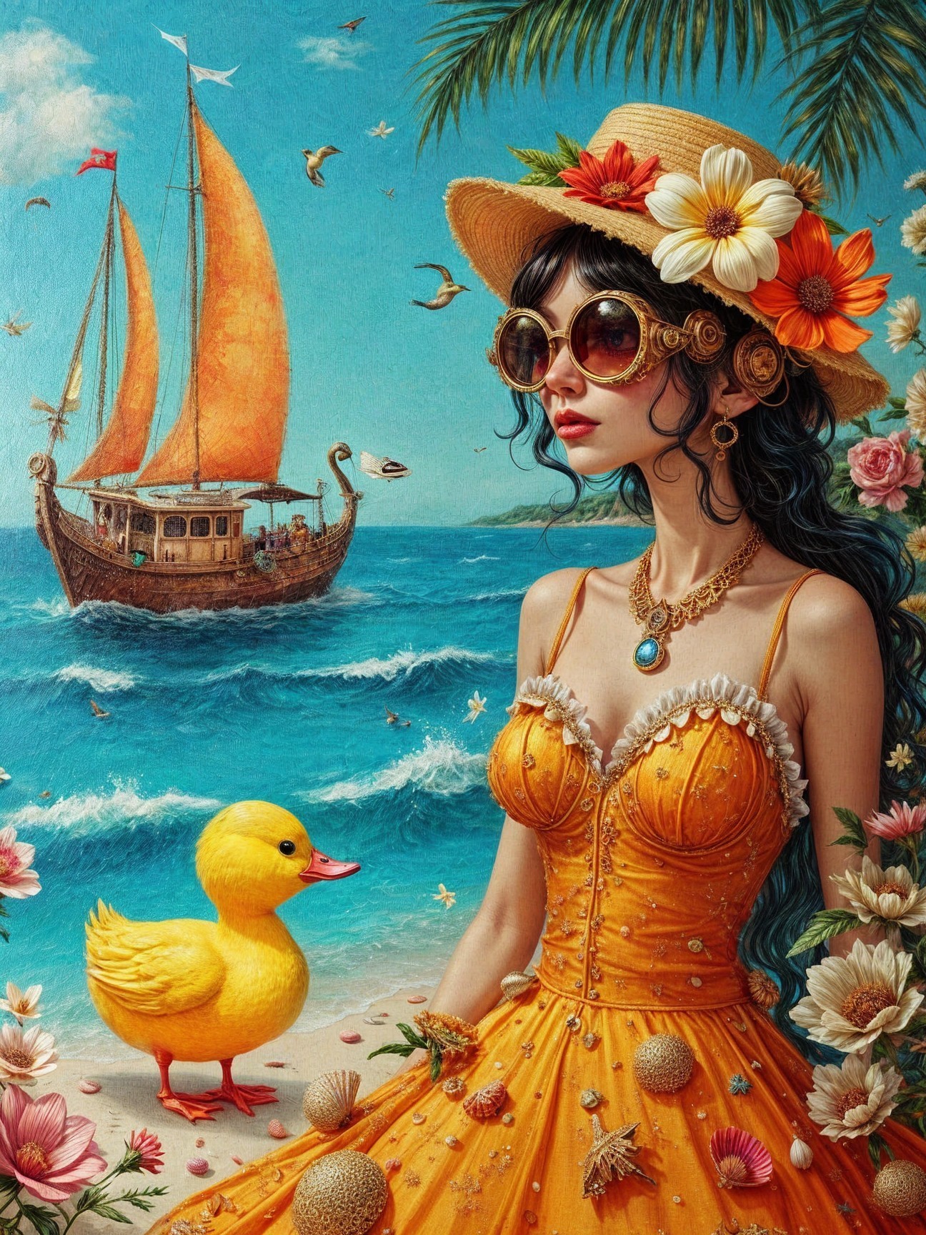 Whimsical Beach Scene with Woman and Yellow Duck