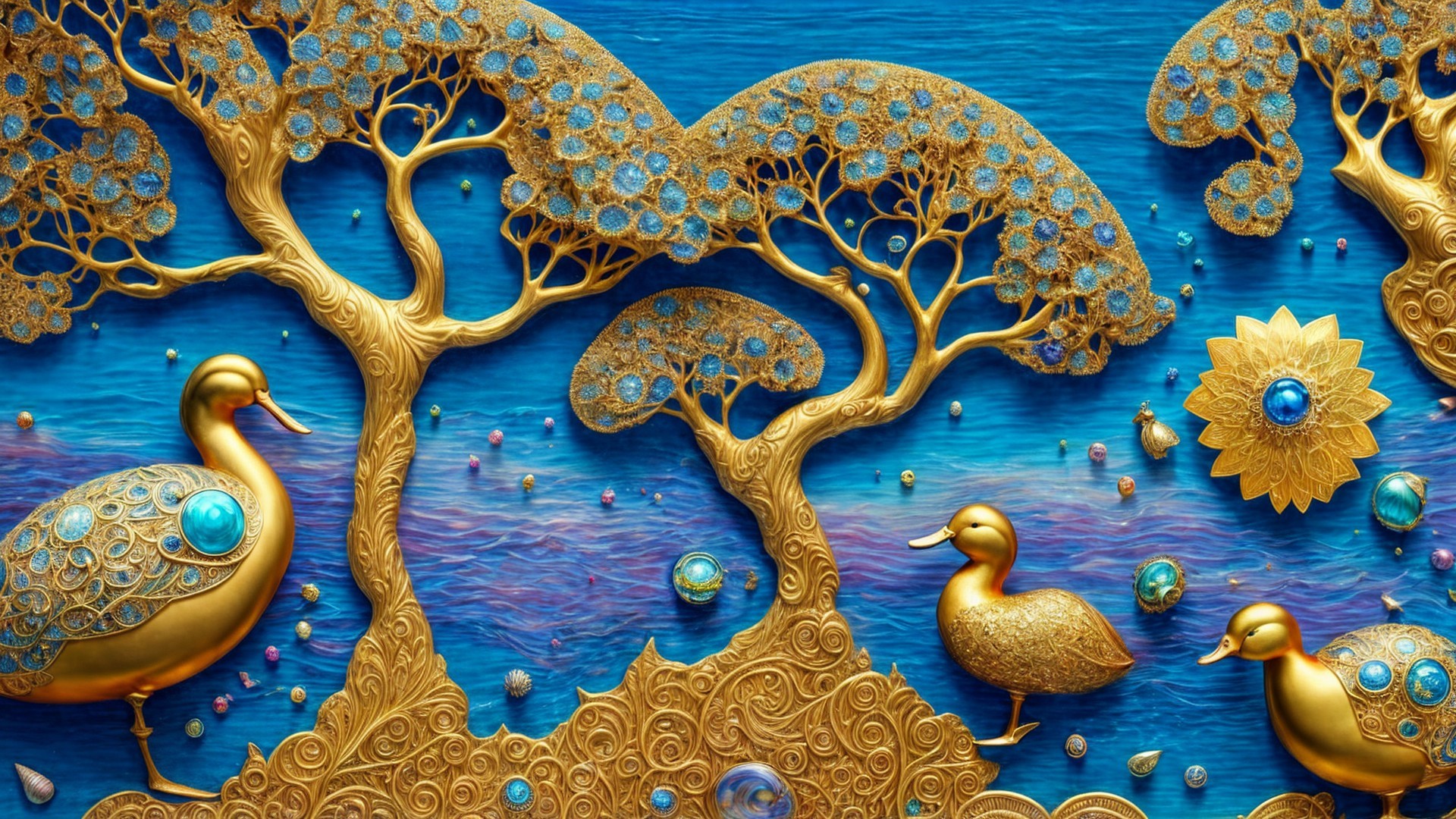 Golden Trees and Ornamental Ducks on Blue Background