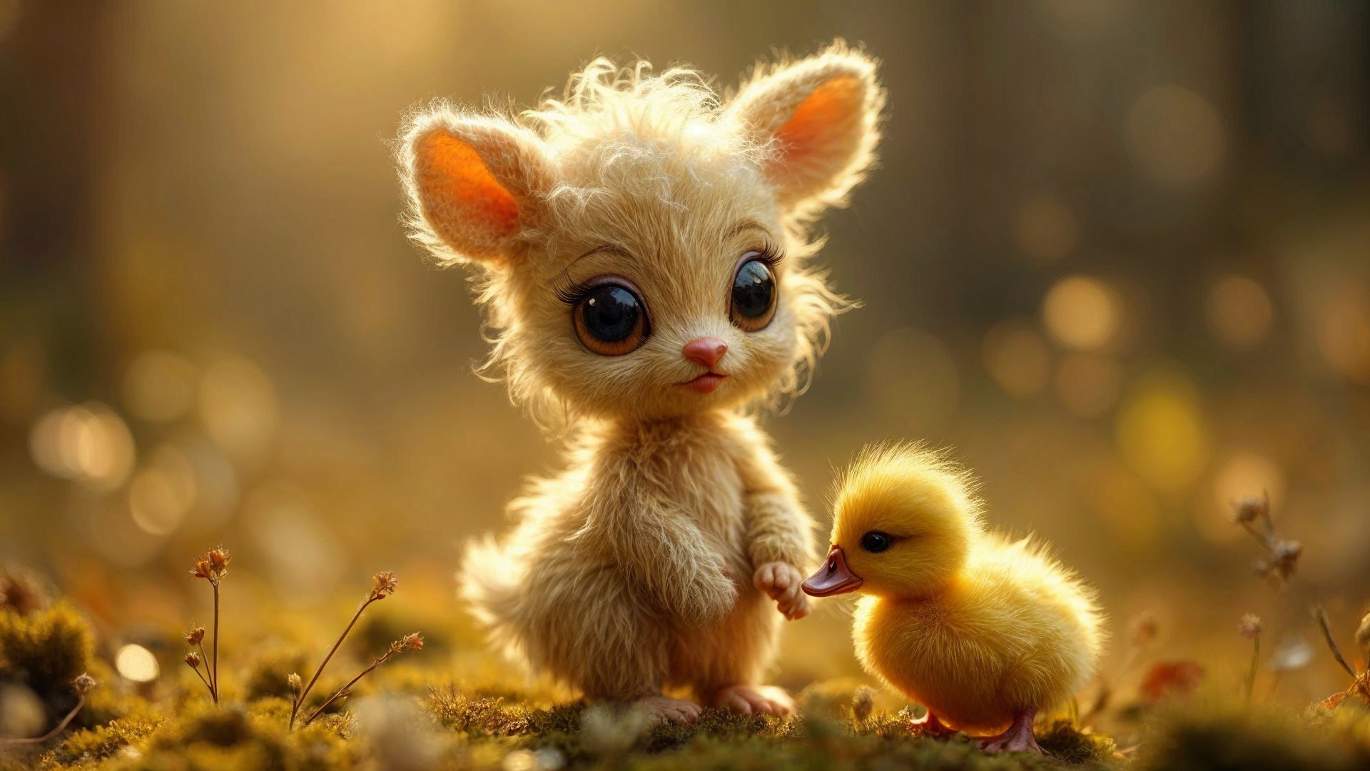 Fluffy Creature and Duckling in Magical Forest Setting
