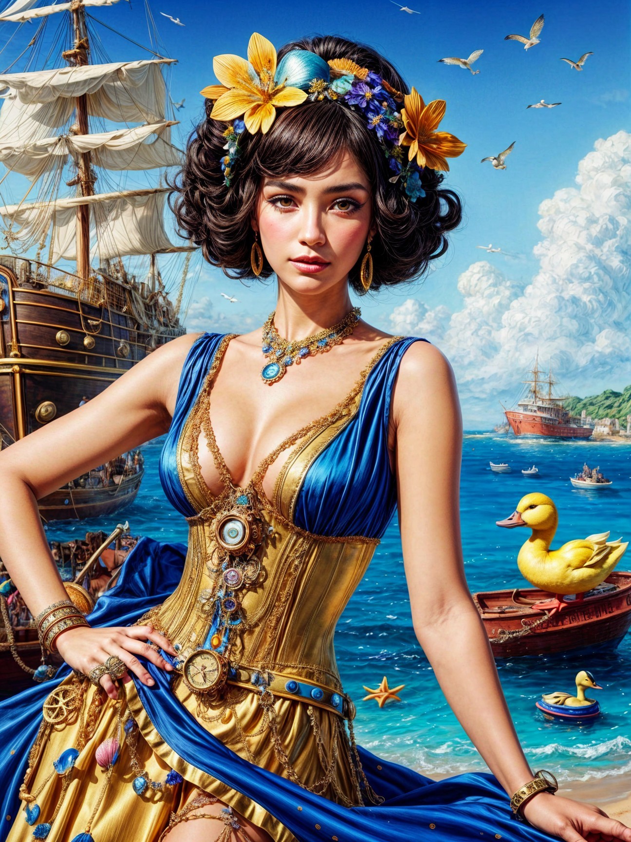 Woman in Blue and Gold Gown by Seaside with Ship