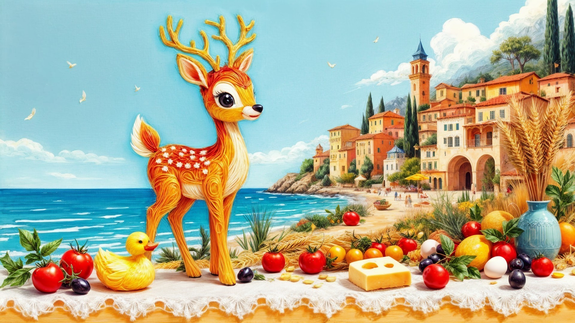 Whimsical Wooden Deer in Coastal Village Setting