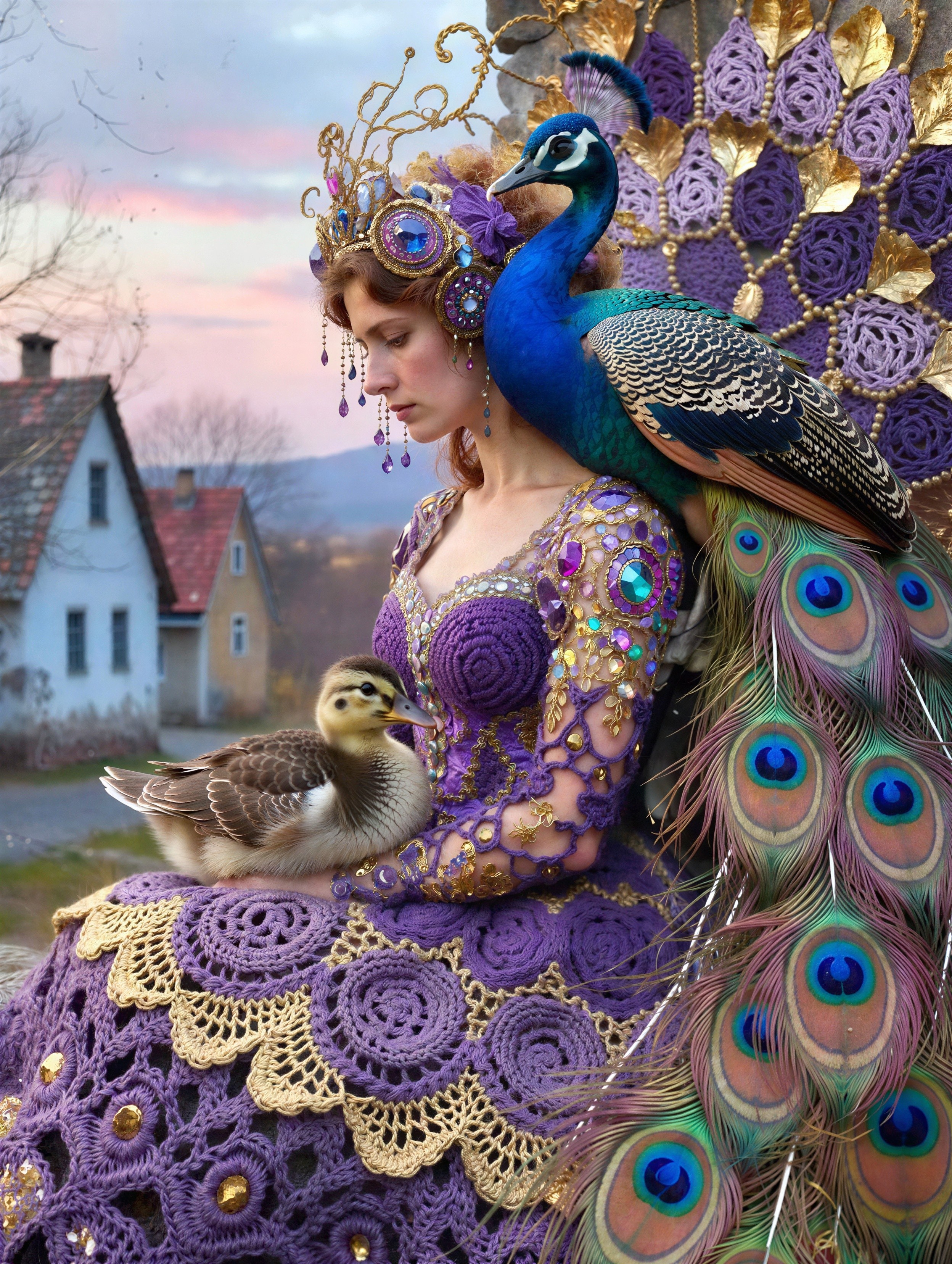 Young woman in purple dress with peacock and duckling