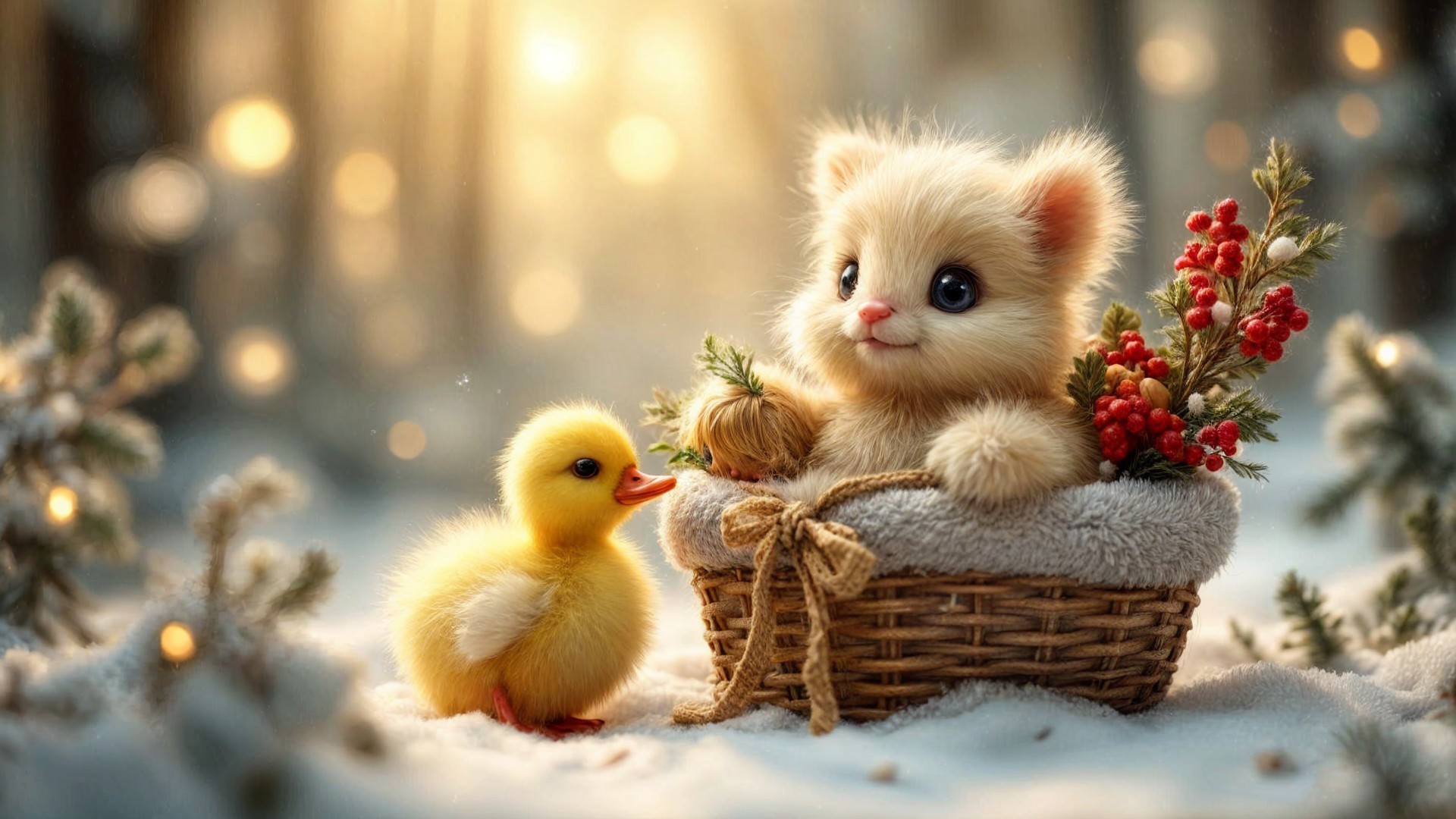 Fluffy Kitten and Duckling in Winter Wonderland Scene
