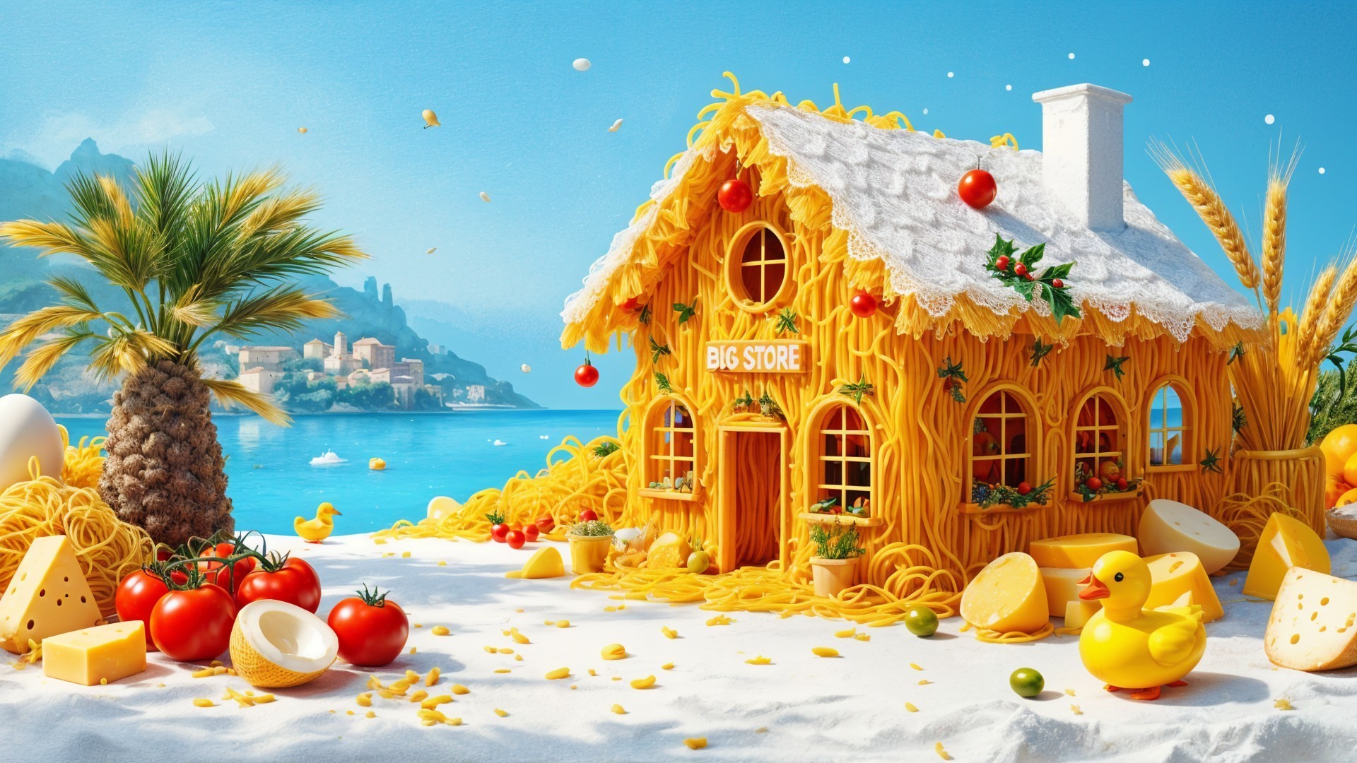 Whimsical Beach Scene with Spaghetti House Decor