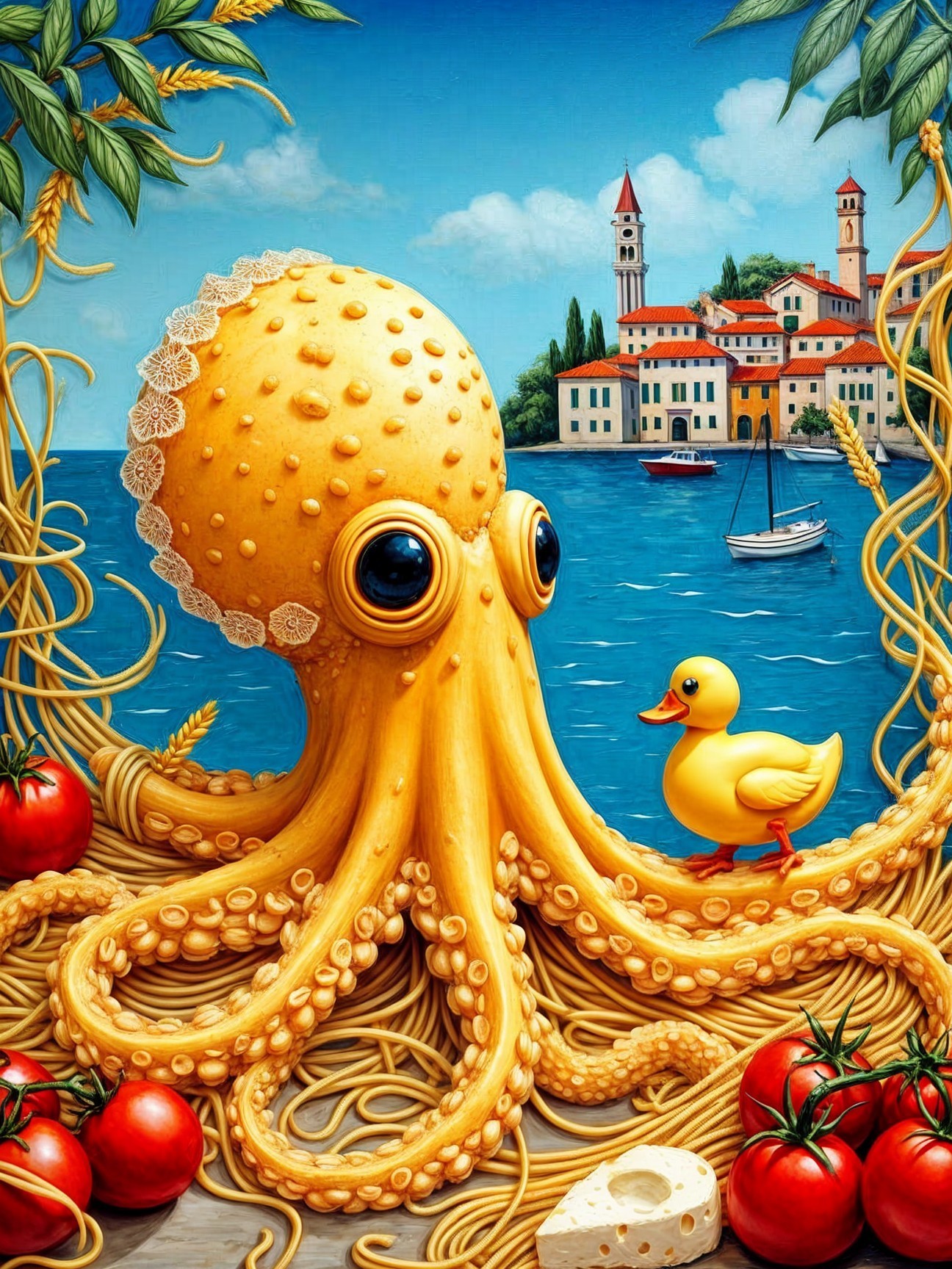 Cartoon Octopus Surrounded by Tomatoes and Spaghetti