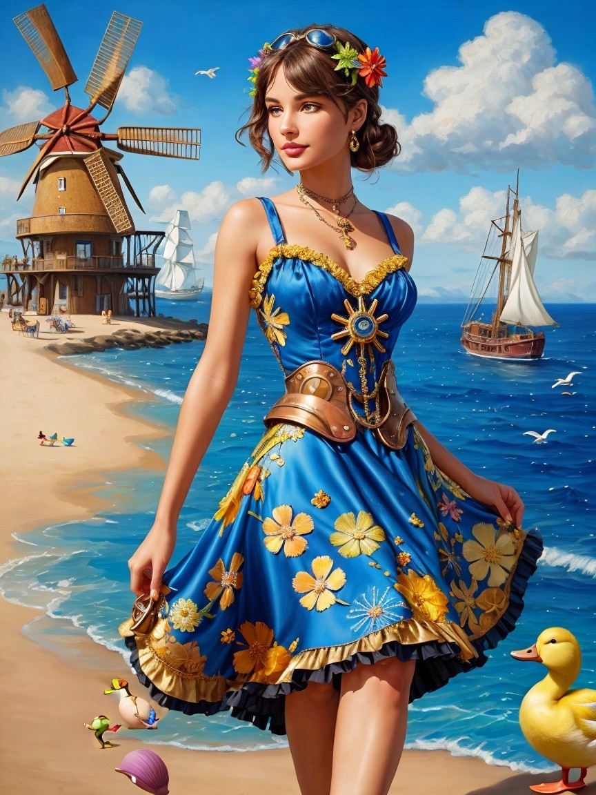 Vibrant Beach Scene with Floral Dress and Windmill