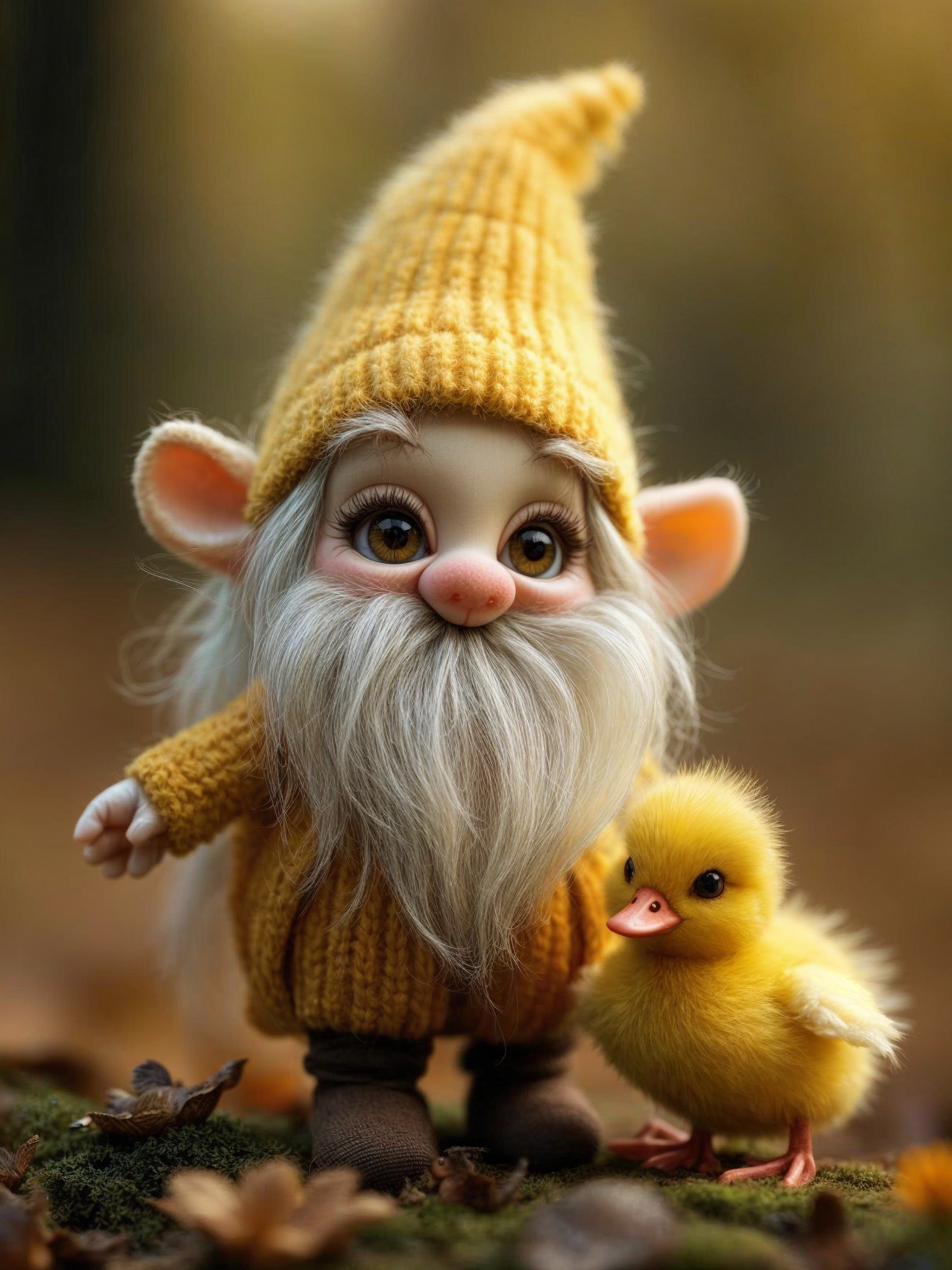 Charming Gnome and Duckling in a Forest Setting
