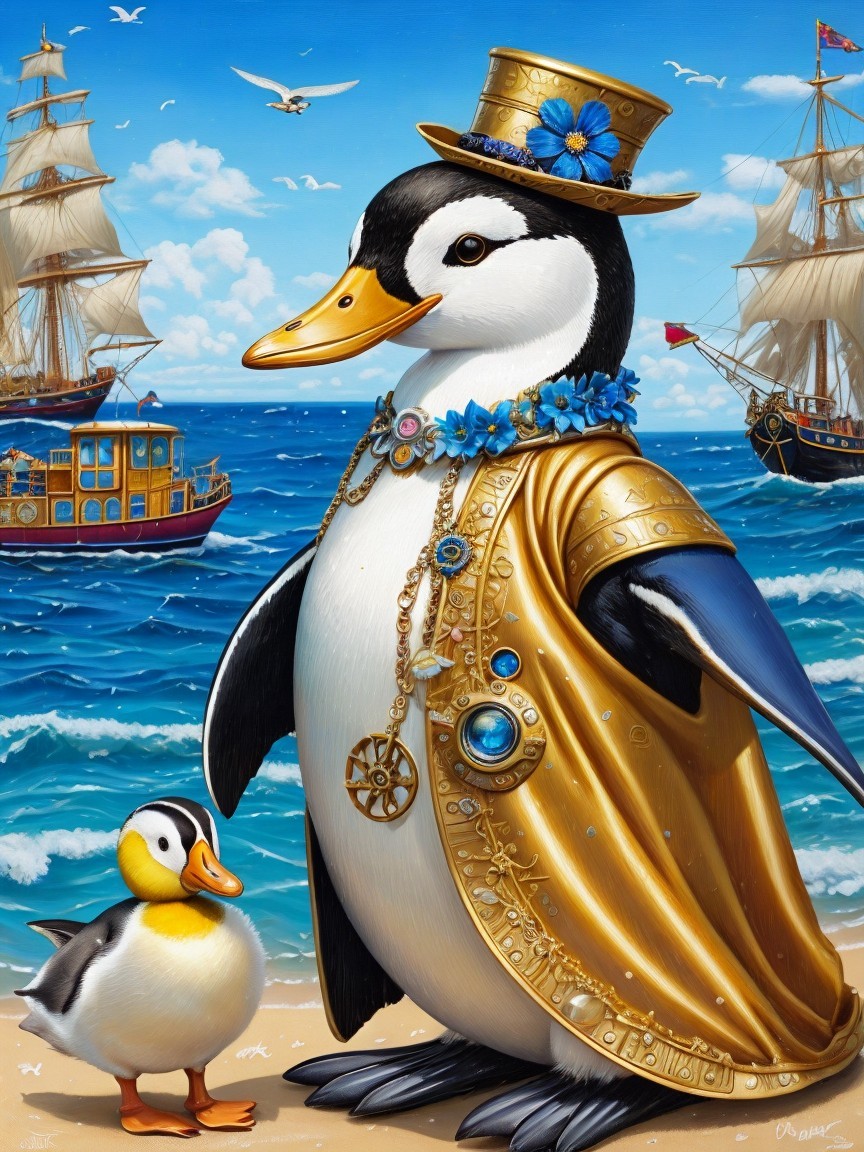 Elegant Penguin in Golden Cape with Duckling by Ocean