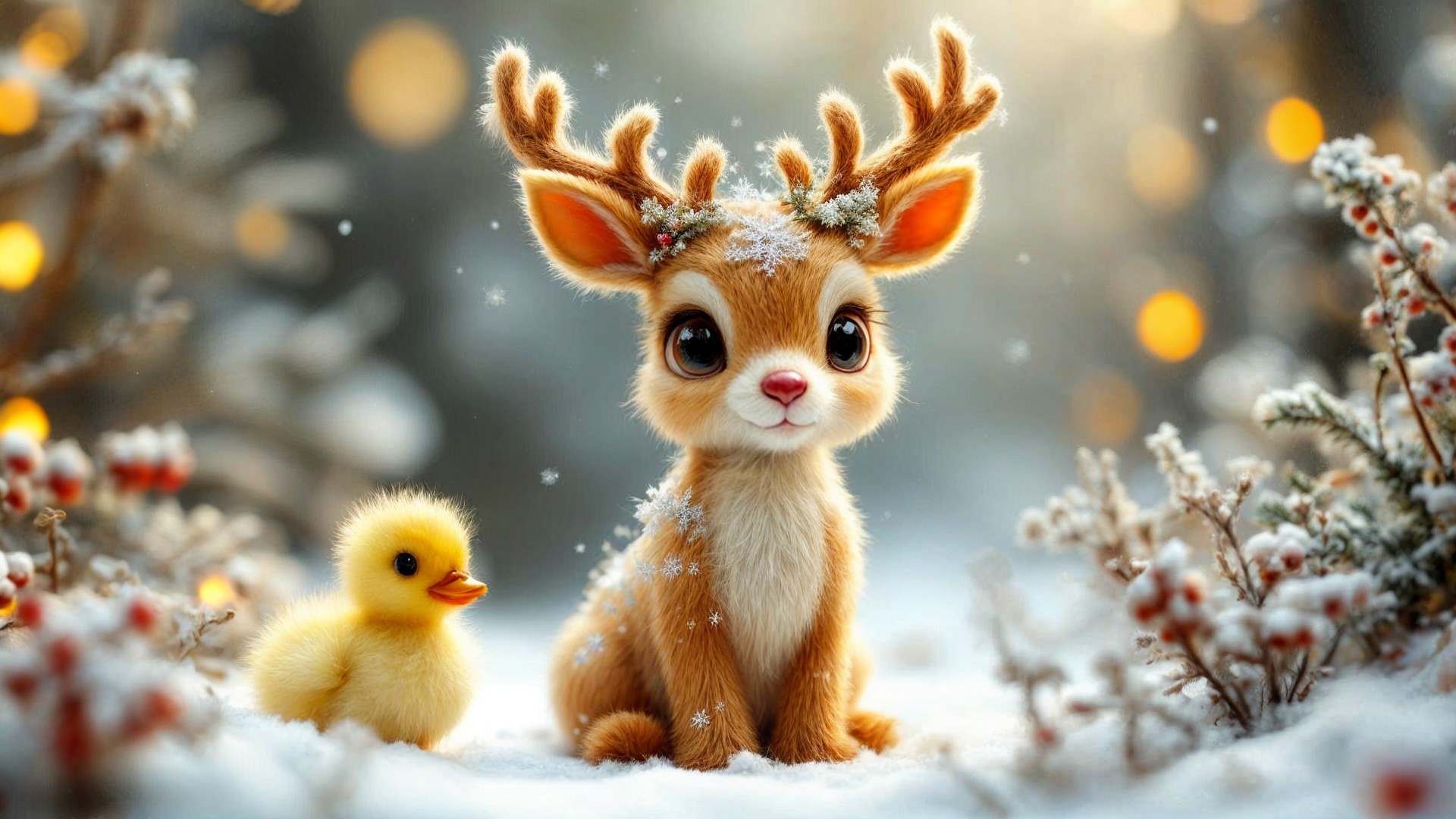 Fawn and Duckling in a Snowy Winter Wonderland