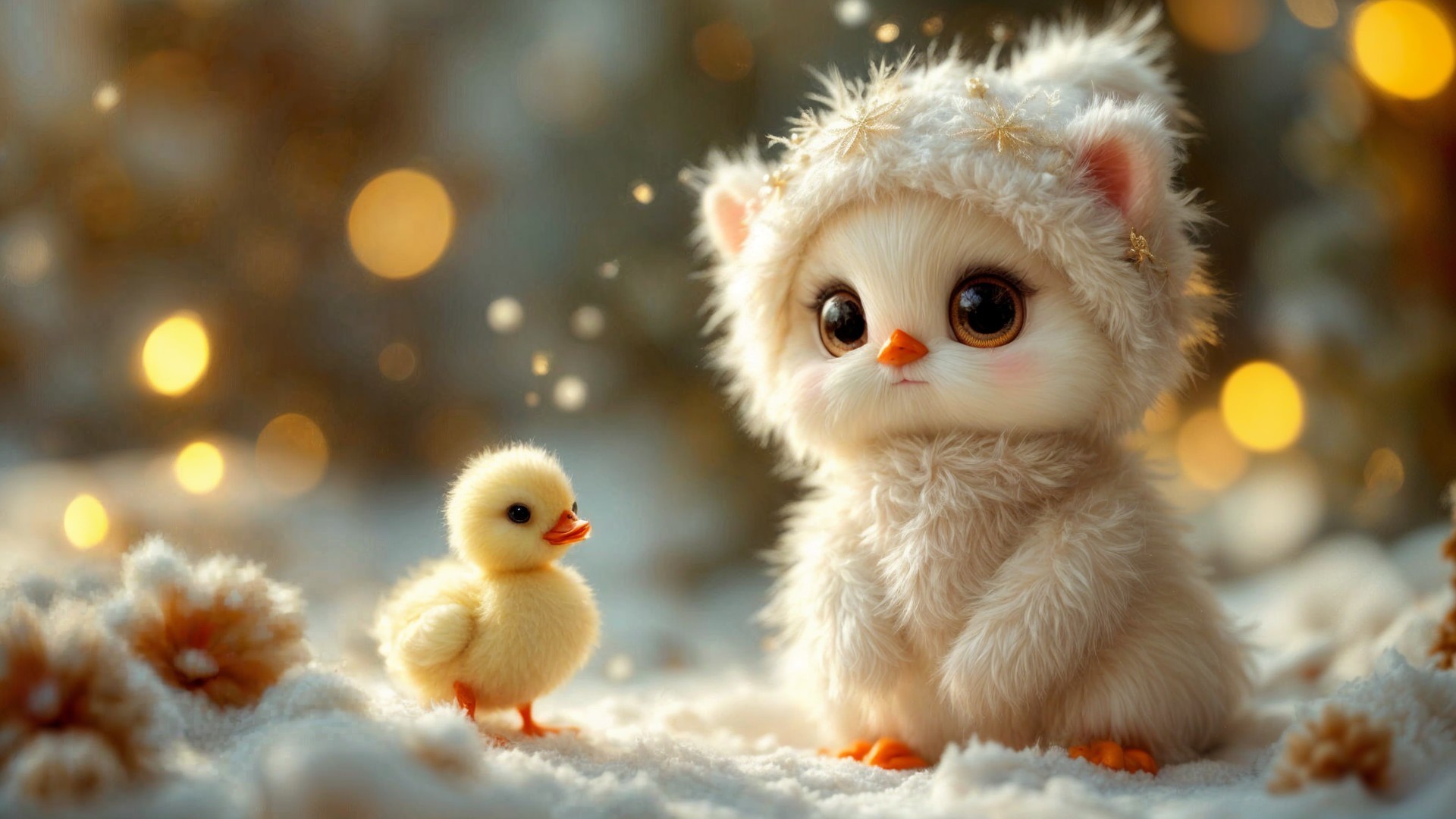 Fluffy creature and duckling in a snowy winter scene