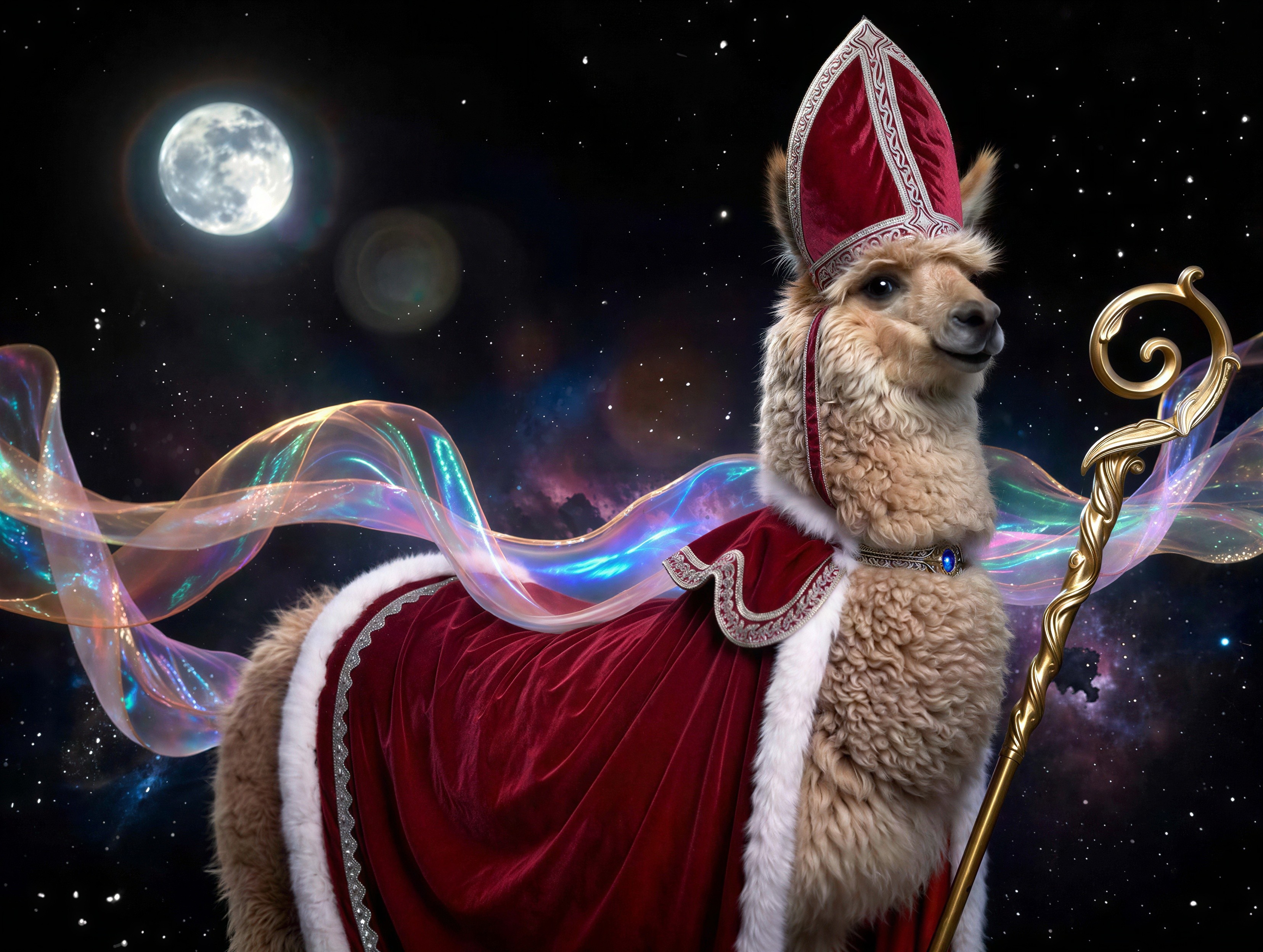 Llama in Red Robe with Silver Embroidery and Mitre