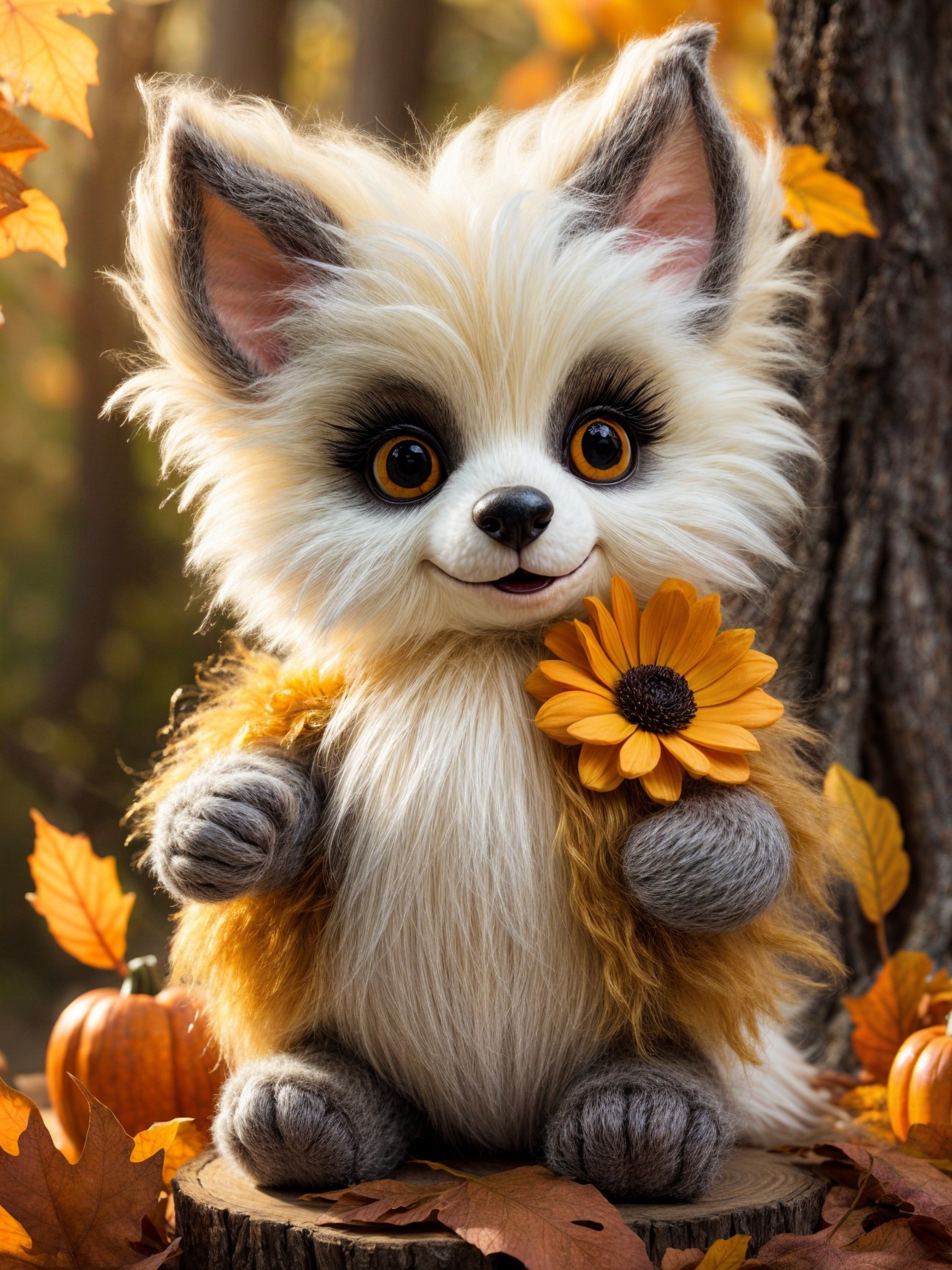 Plush Creature on Stump Surrounded by Autumn Leaves
