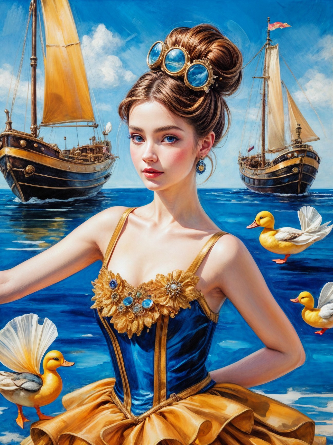 Young woman in blue and gold dress by seascape