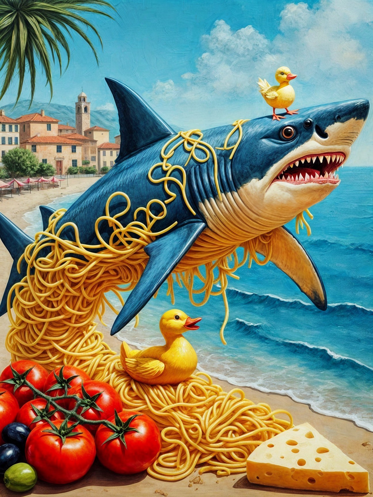 Surreal Shark Made of Spaghetti in Coastal Scene
