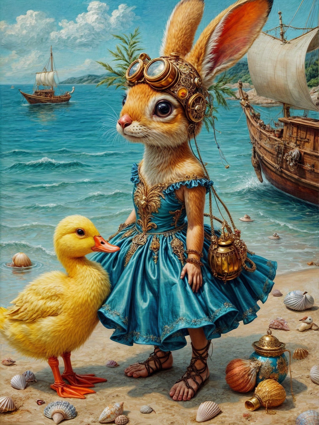 Whimsical Rabbit in Dress with Duckling at Beach Scene
