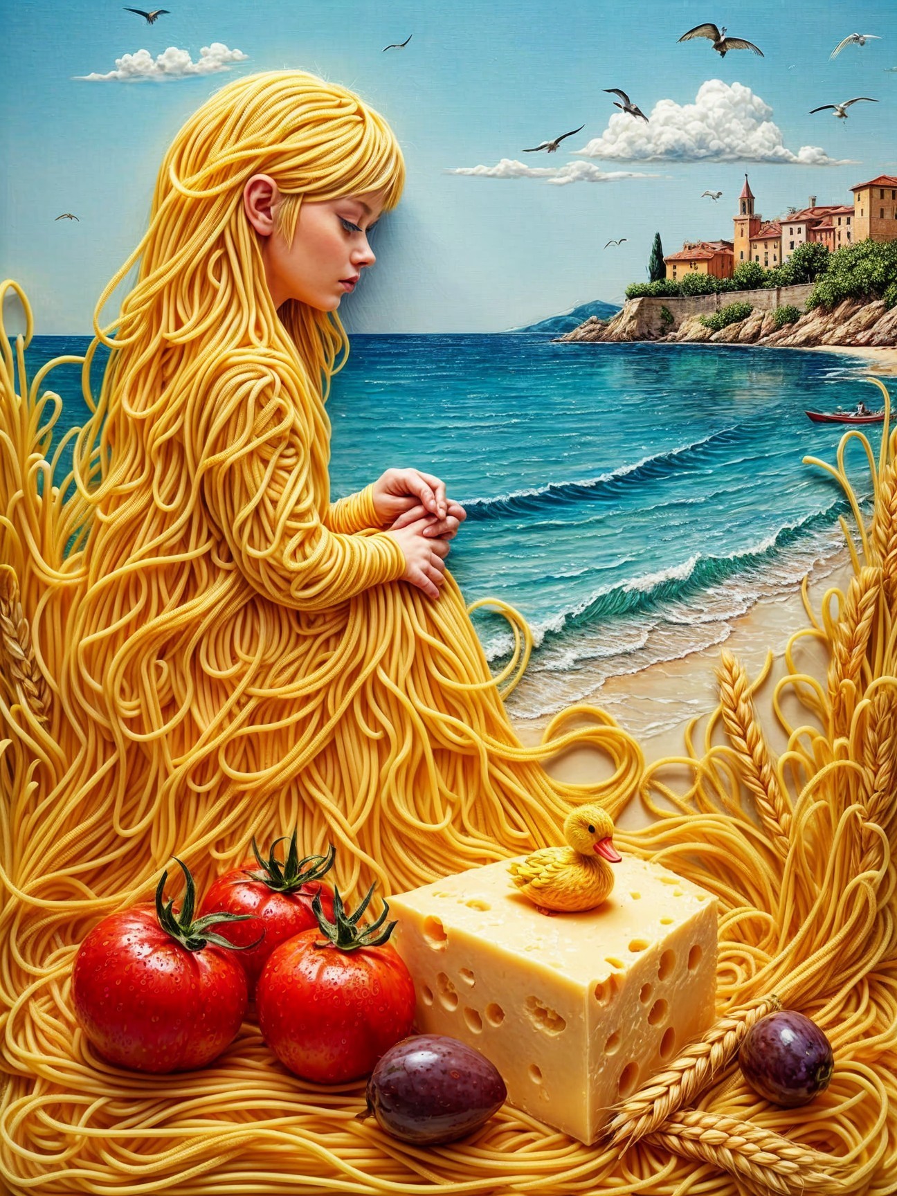 Whimsical Beach Scene with Pasta Hair and Food Elements