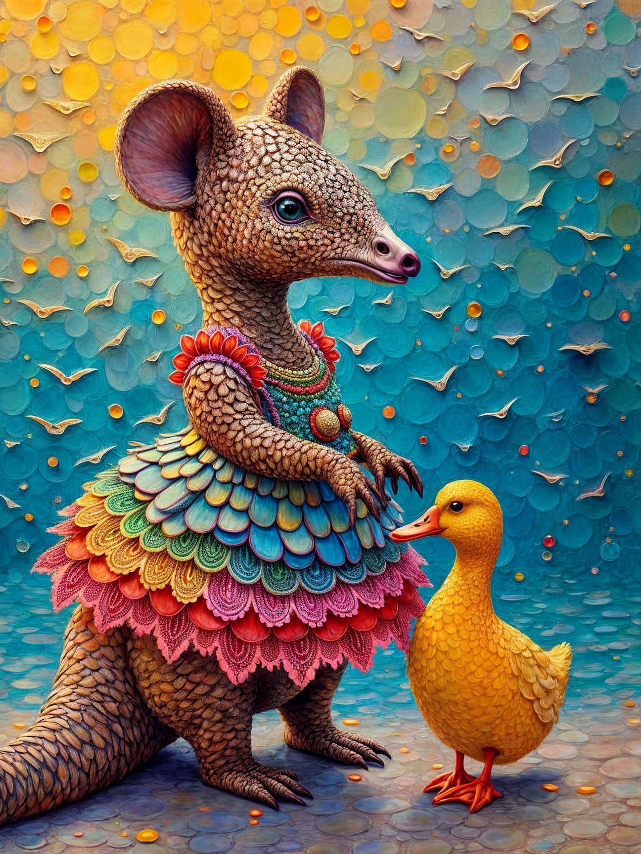 Whimsical Creature and Duck in Colorful Scene