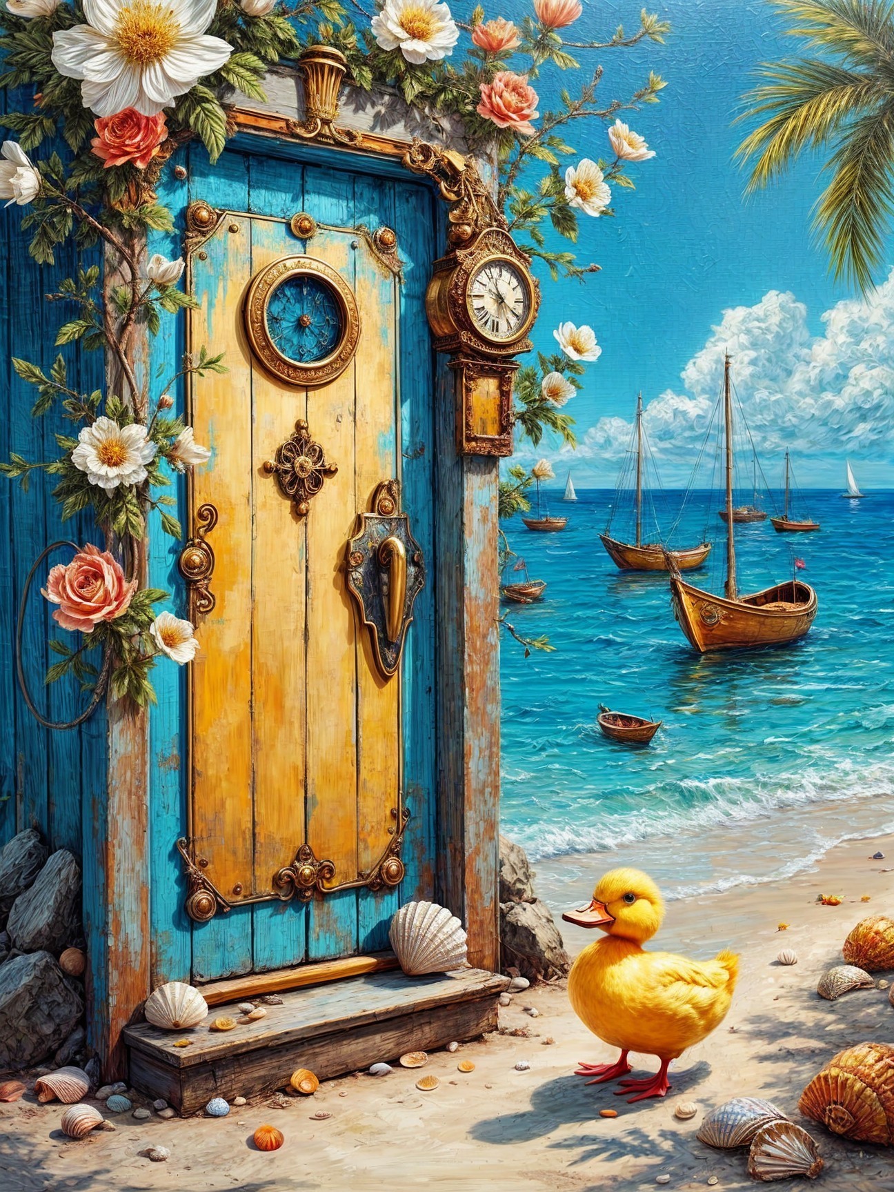 Vibrant Beach Scene with Ornate Door and Duckling