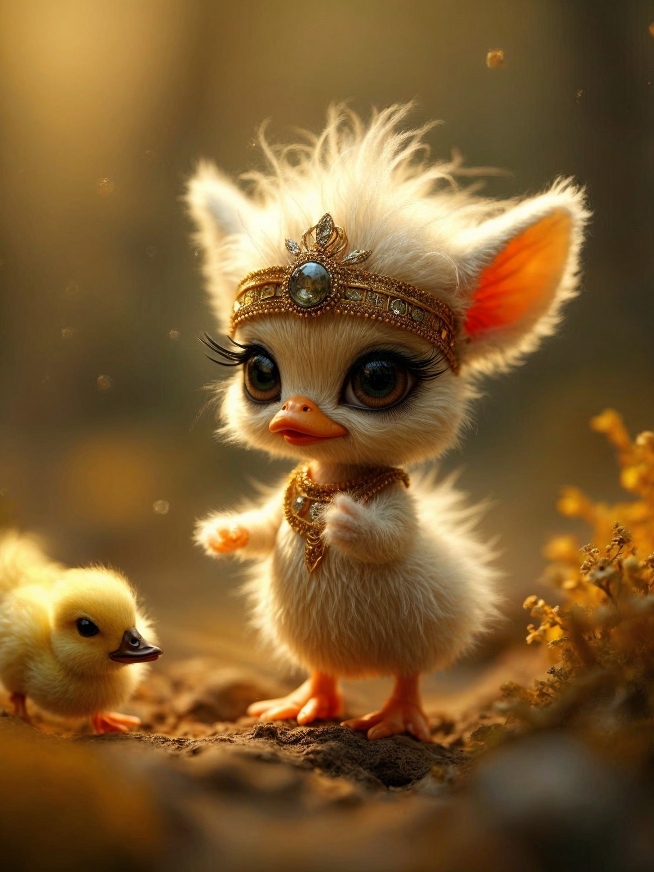 Fluffy Chick with Golden Headband in Dreamy Setting