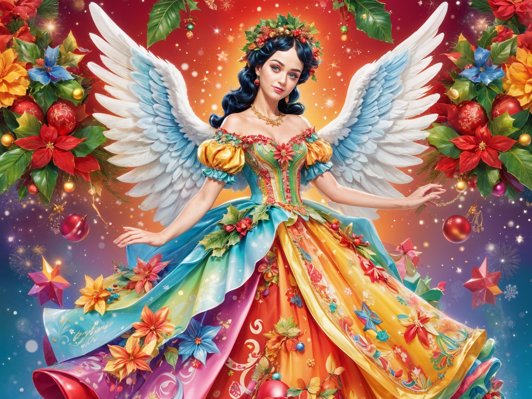 Vibrant figure in colorful gown with festive patterns