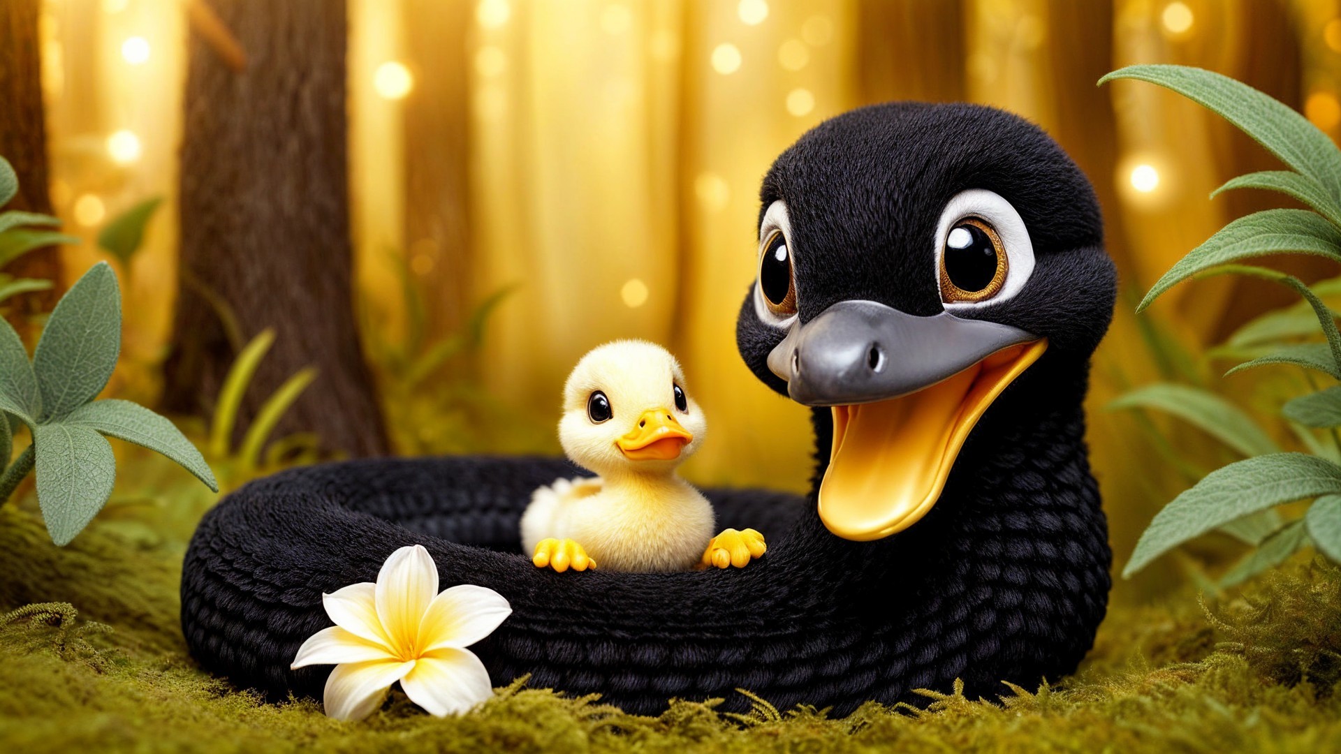 Oversized black snake and yellow duckling in forest