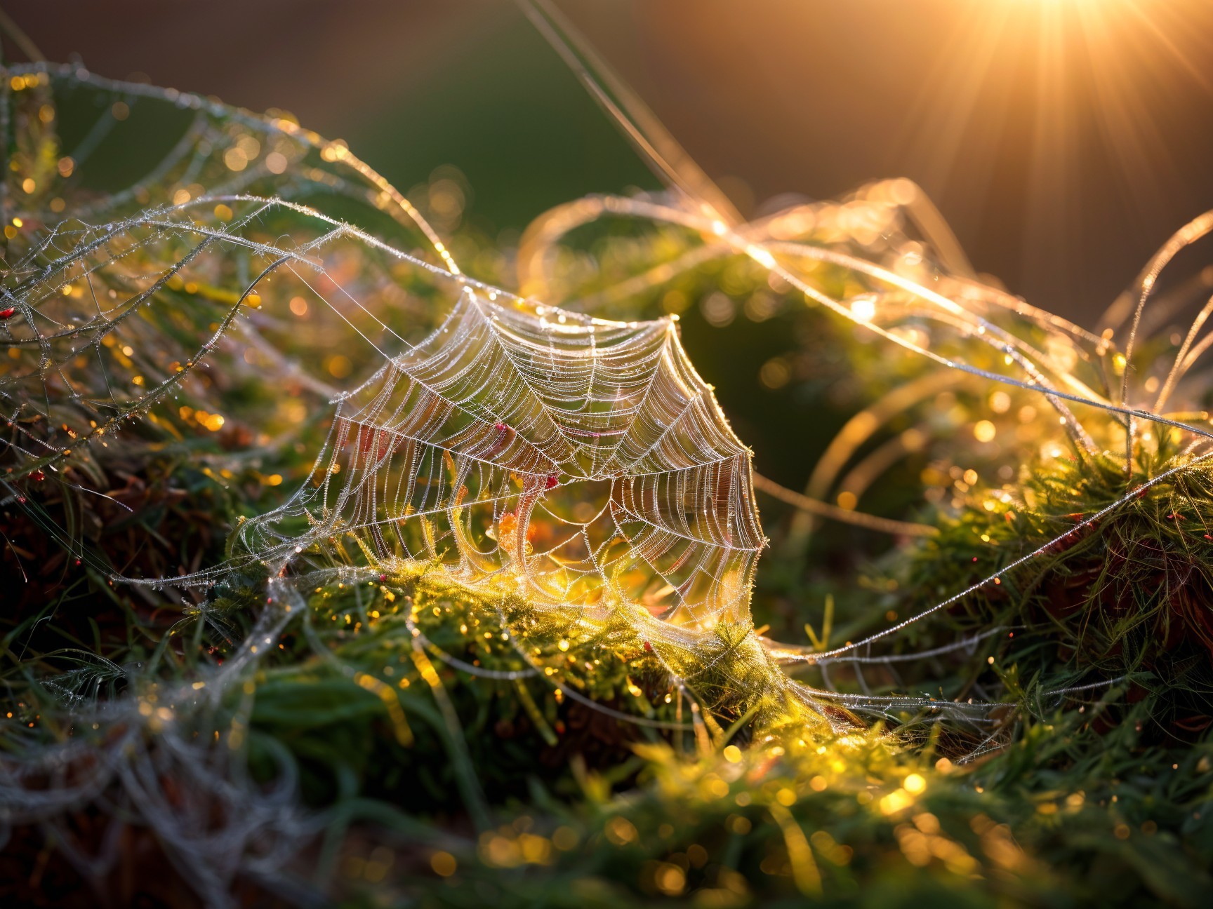 Glistening Spider Web in Morning Dew with Sunlight