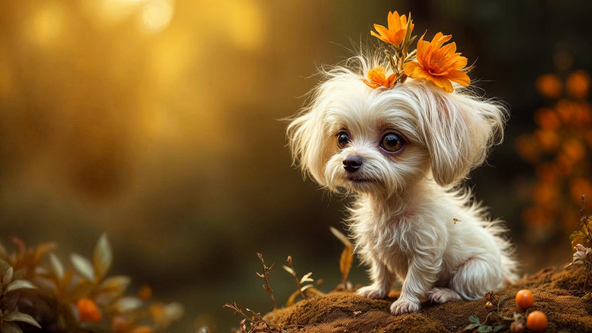 Fluffy dog with flowers in a golden glow setting