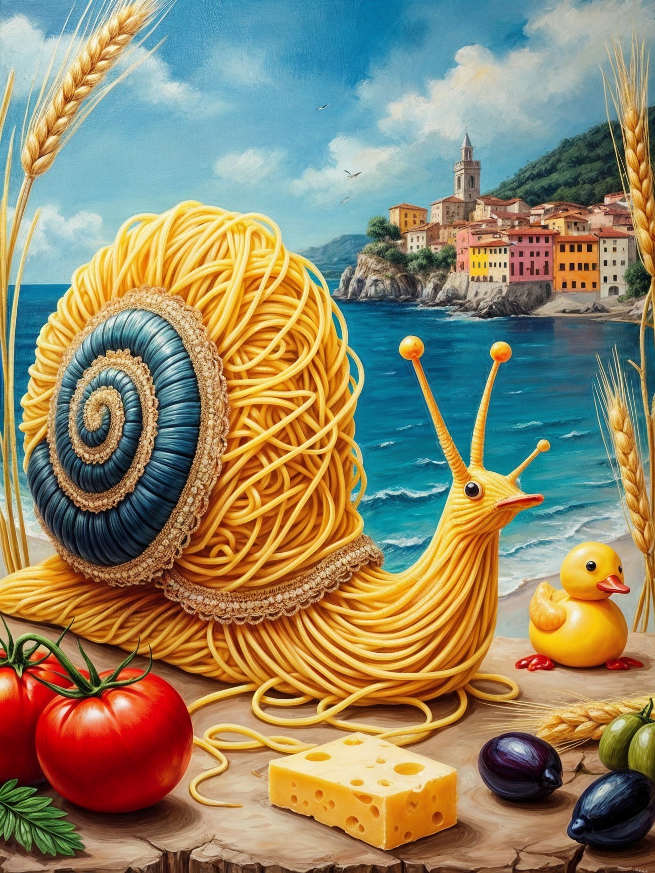 Giant Pasta Snail in a Colorful Seaside Village