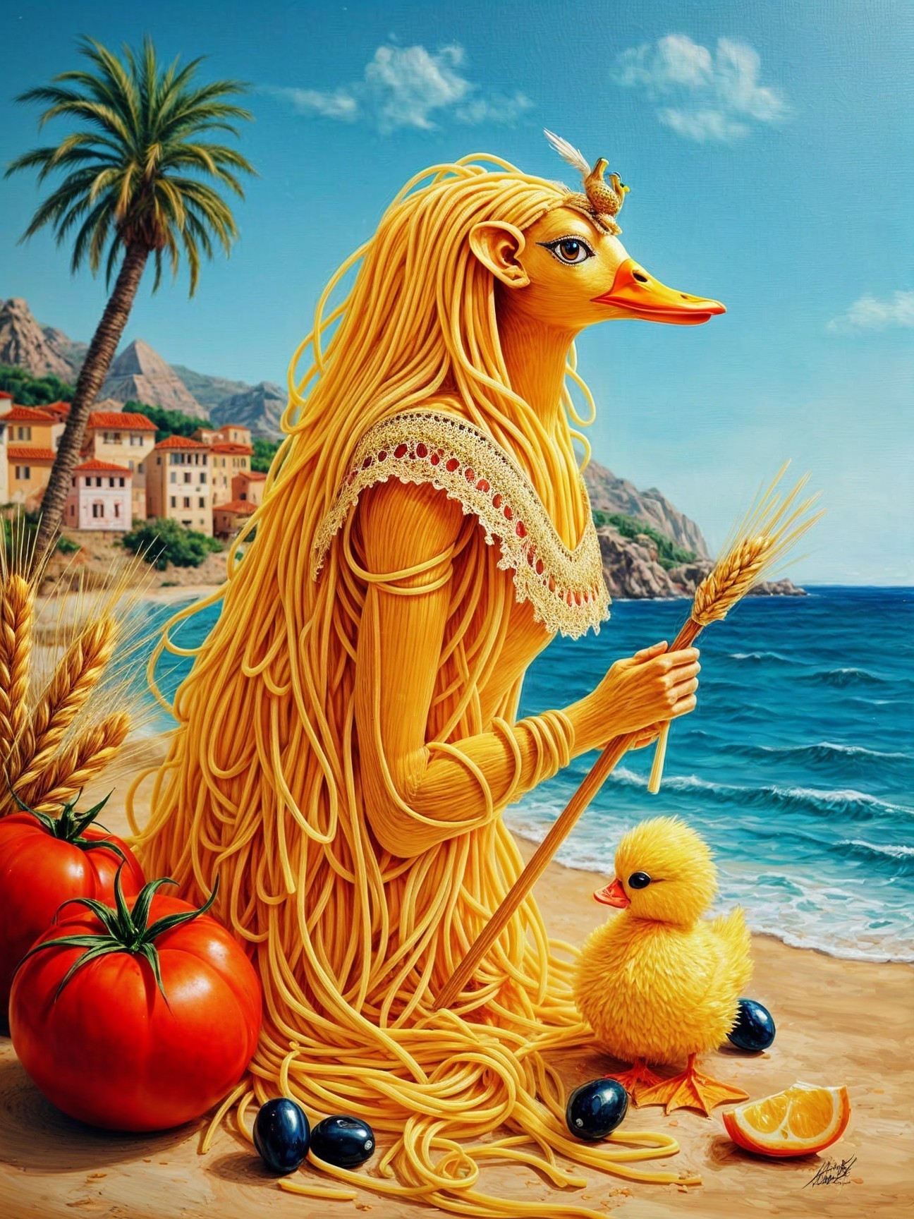 Whimsical Figure with Duck Head and Spaghetti Crown