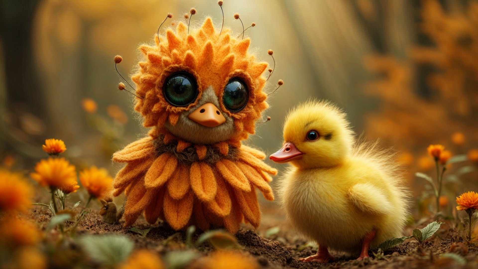 Charming Creature and Duckling in Autumn Forest