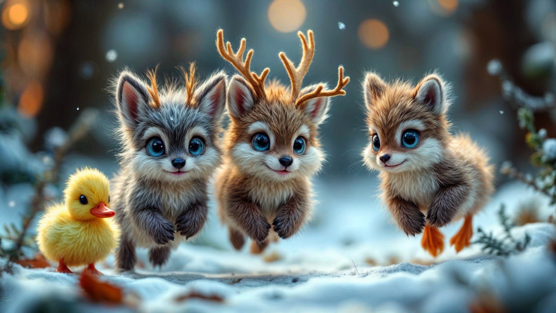 Snowy Forest Scene with Fluffy Animals and Duckling