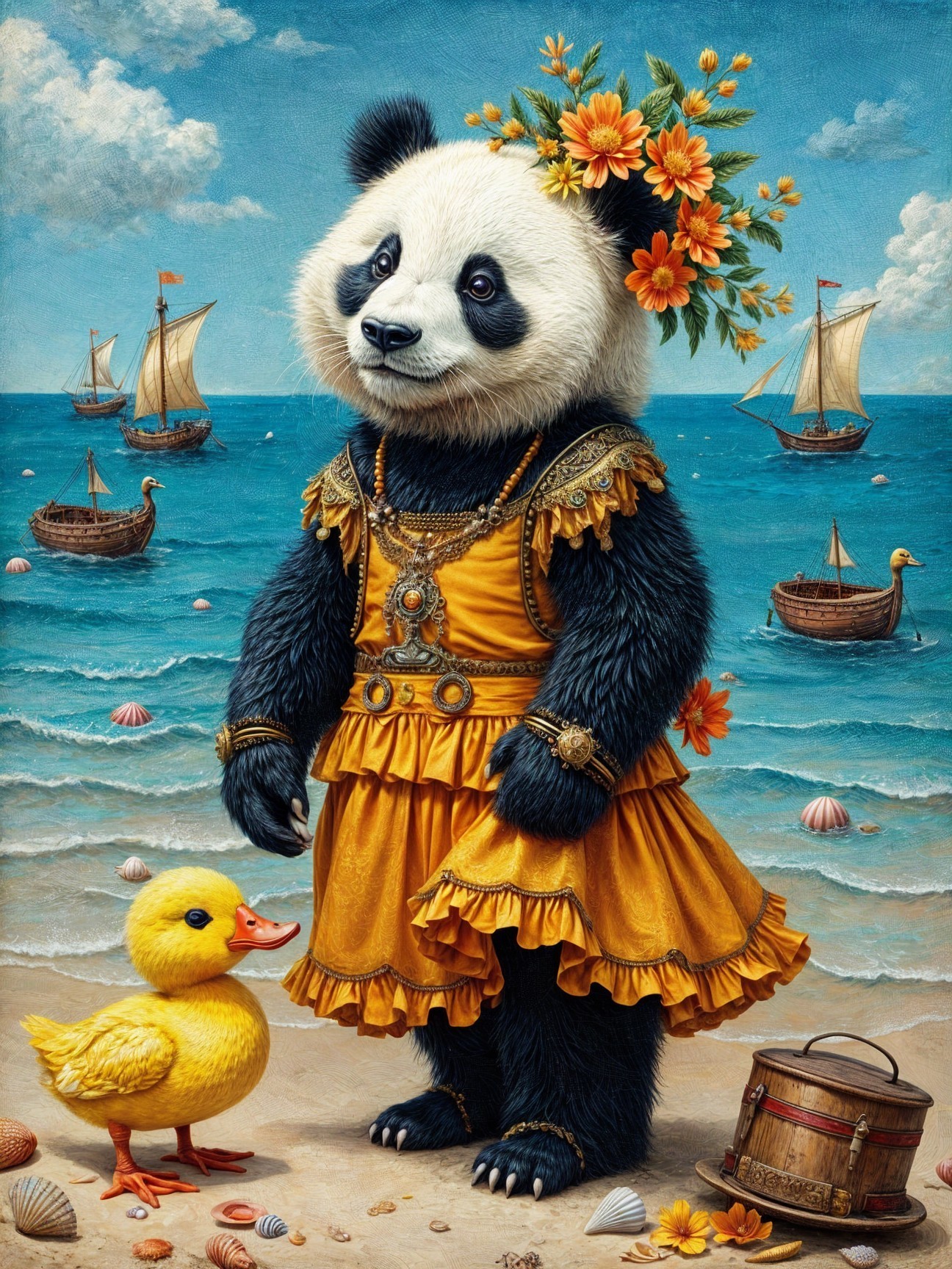 Panda in Yellow Dress on Beach with Duck and Sailboats