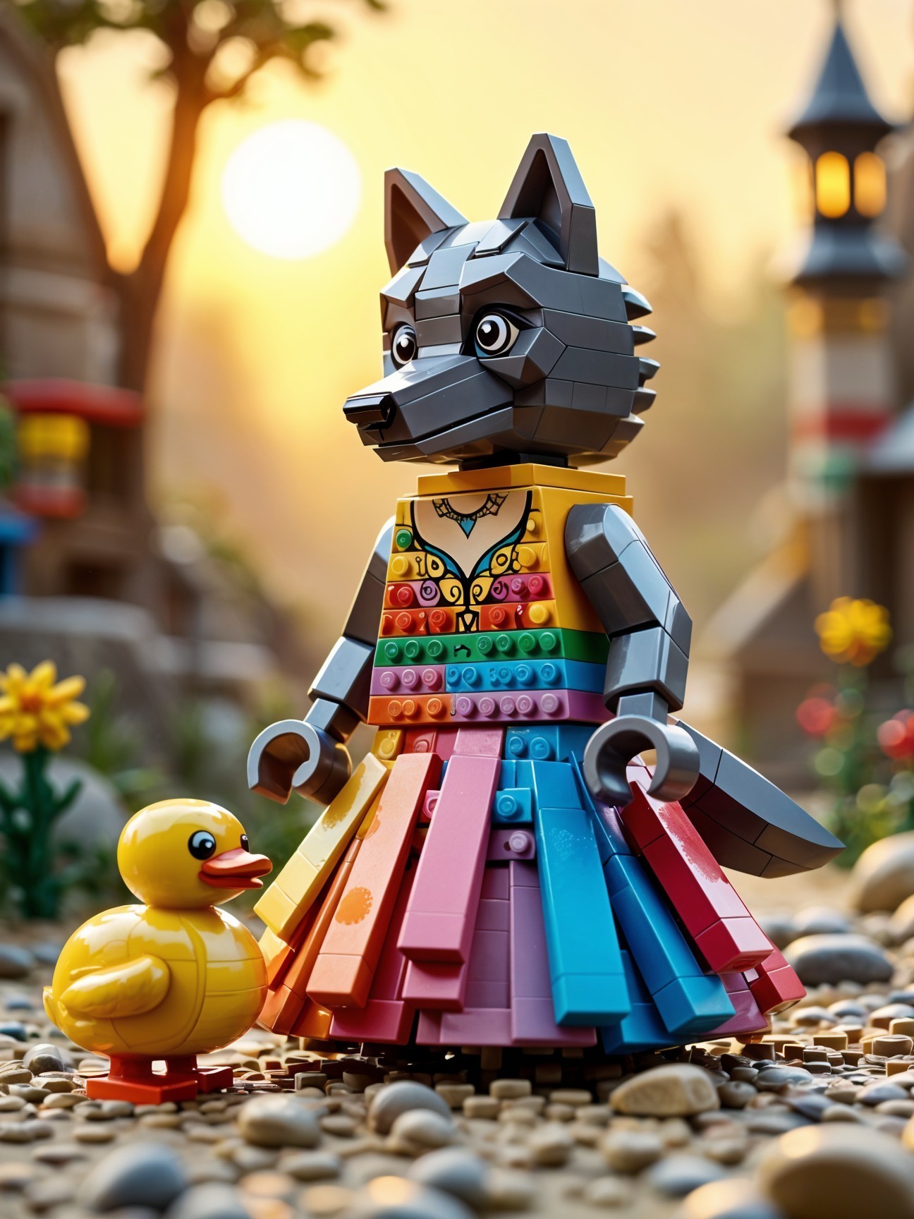 Colorful LEGO Wolf Figure with Rubber Duck in Scene