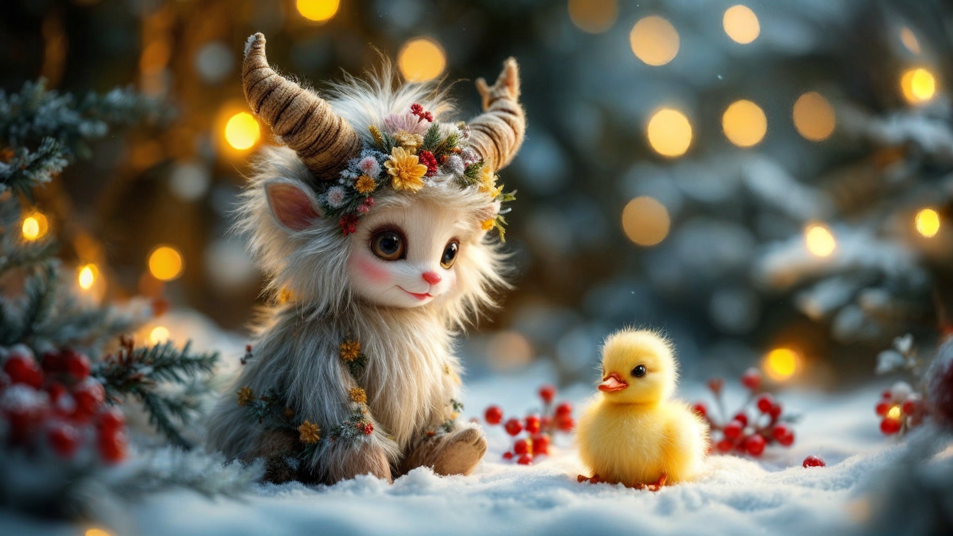 Whimsical Creature and Duckling in Snowy Landscape