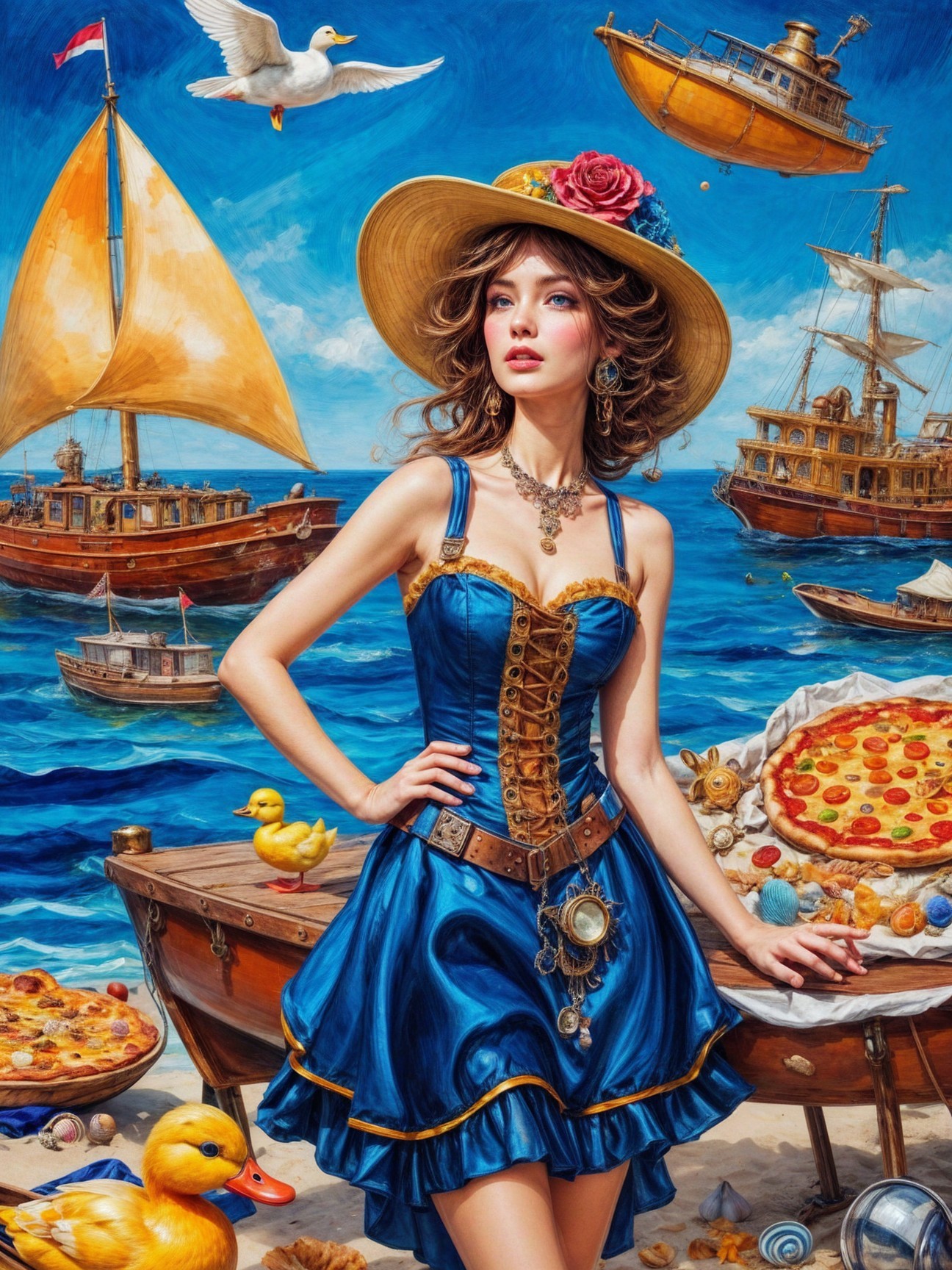 Whimsical Scene of Woman in Blue Dress by Vibrant Sea