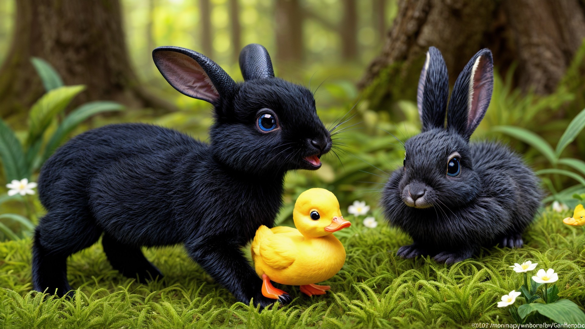 Bunnies and Duckling in a Vibrant Forest Setting