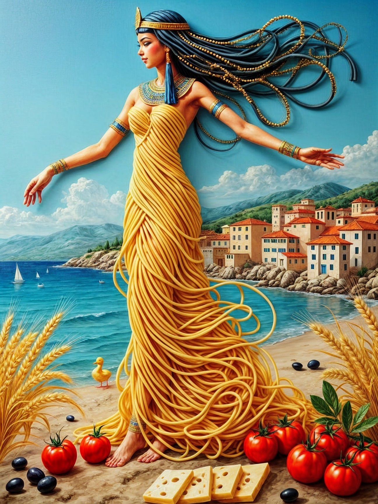 Surreal Coastal Scene with Woman in Pasta Gown