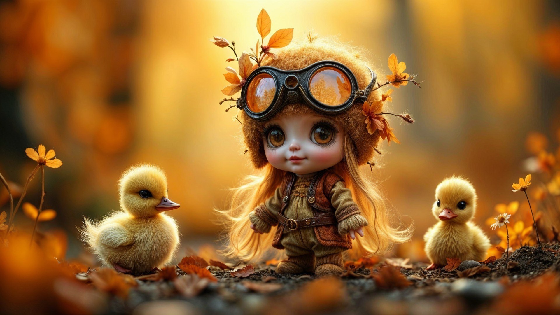 Charming Doll in Autumn Forest with Ducklings