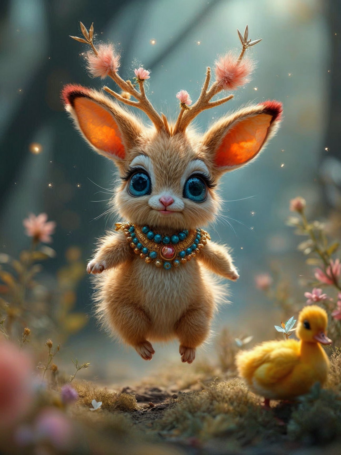 Whimsical Creature with Antlers and Colorful Necklace