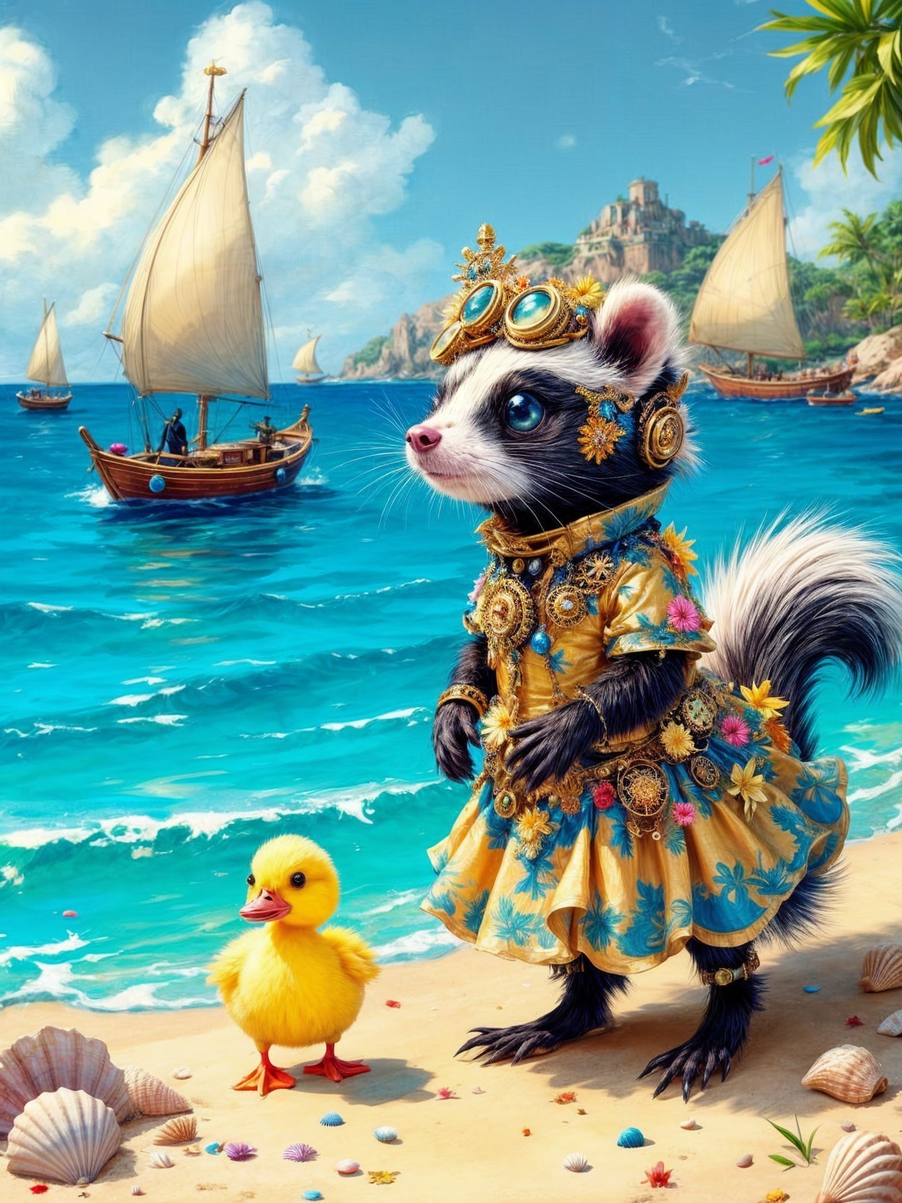 Fashionable Ferret and Duckling at Sunny Beach Scene