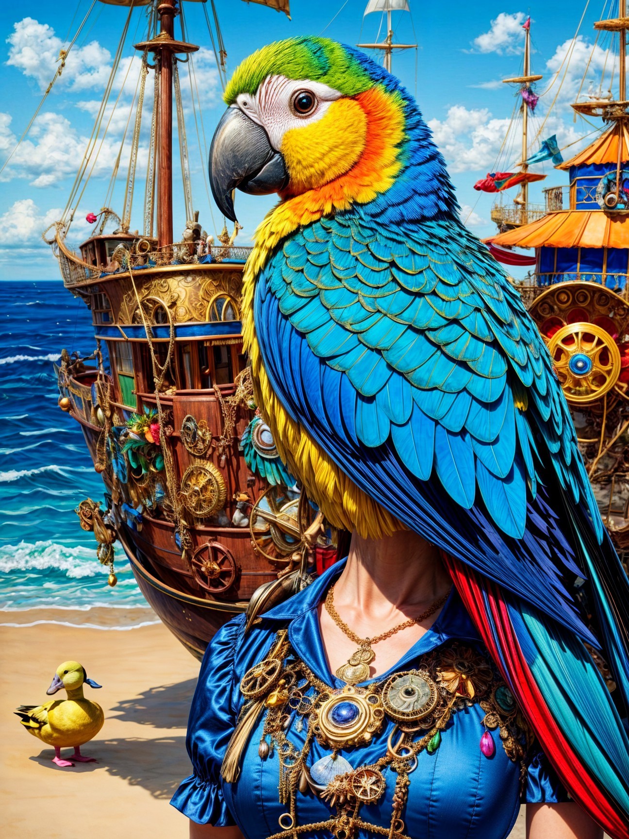 Colorful Parrot on Shoulder with Ship and Duck Scene