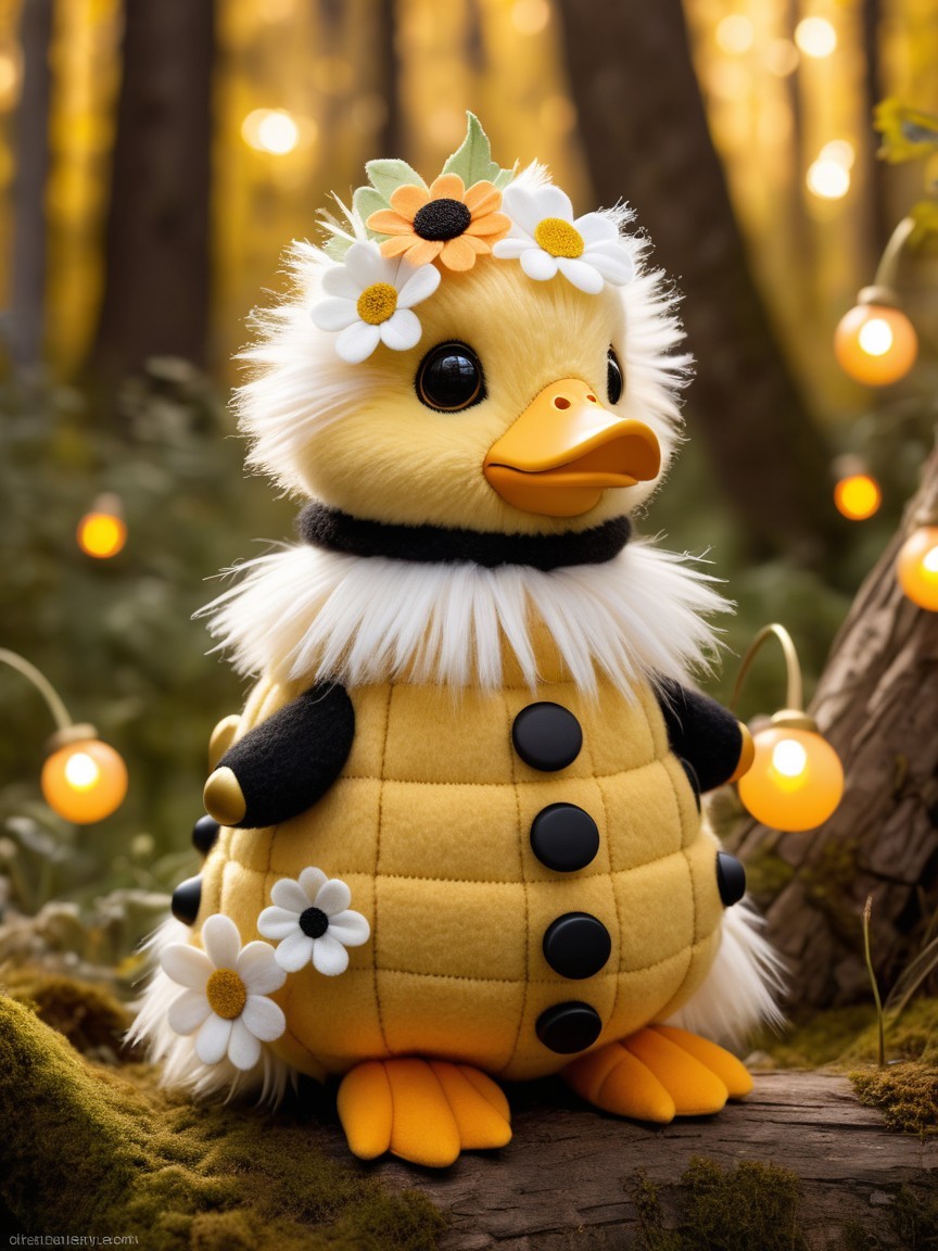 Plush Duckling in Floral Crown and Bee Outfit